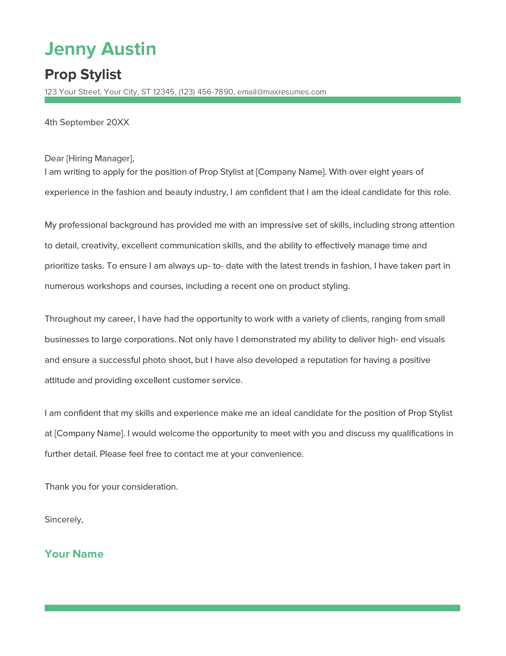 Prop Stylist Cover Letter Example