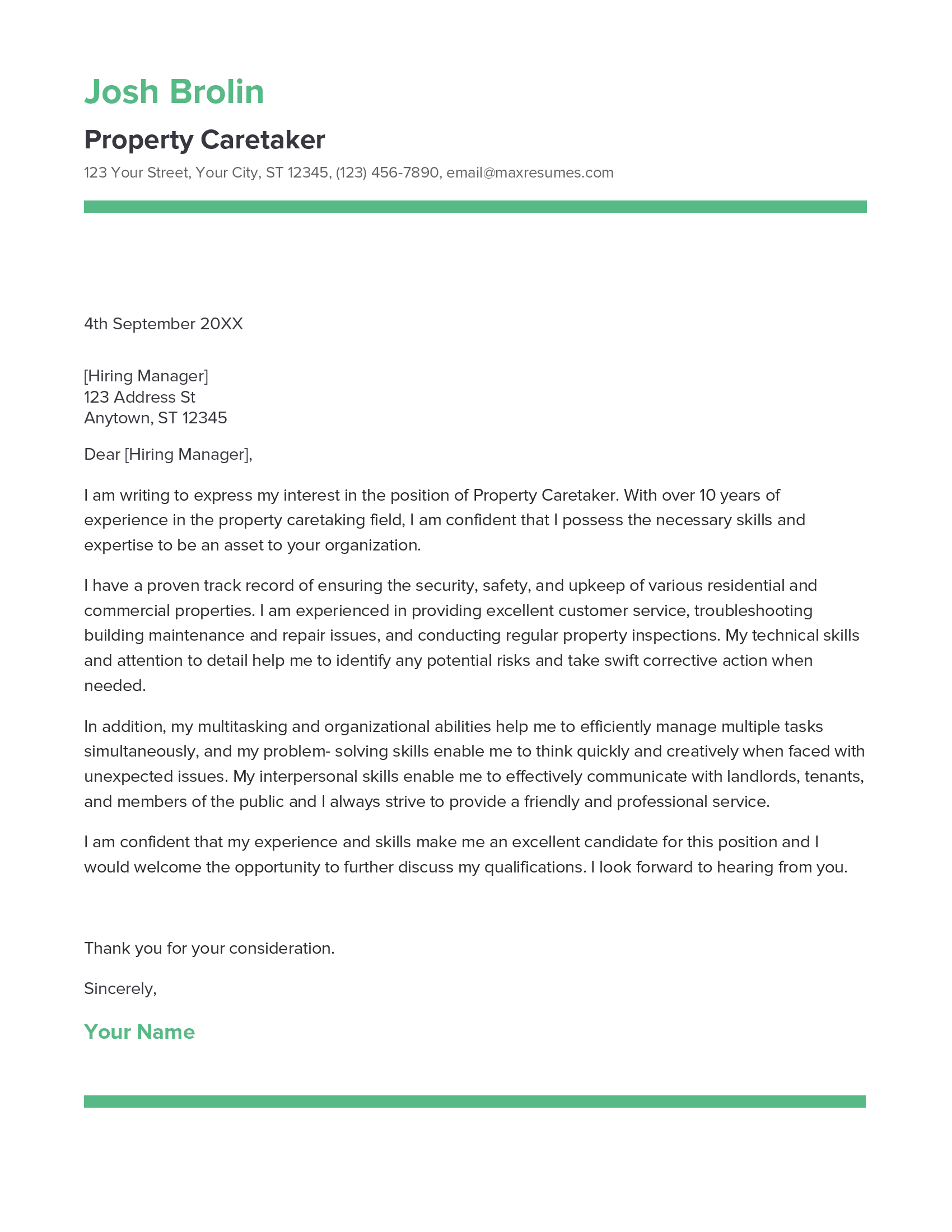Property Caretaker Cover Letter Example