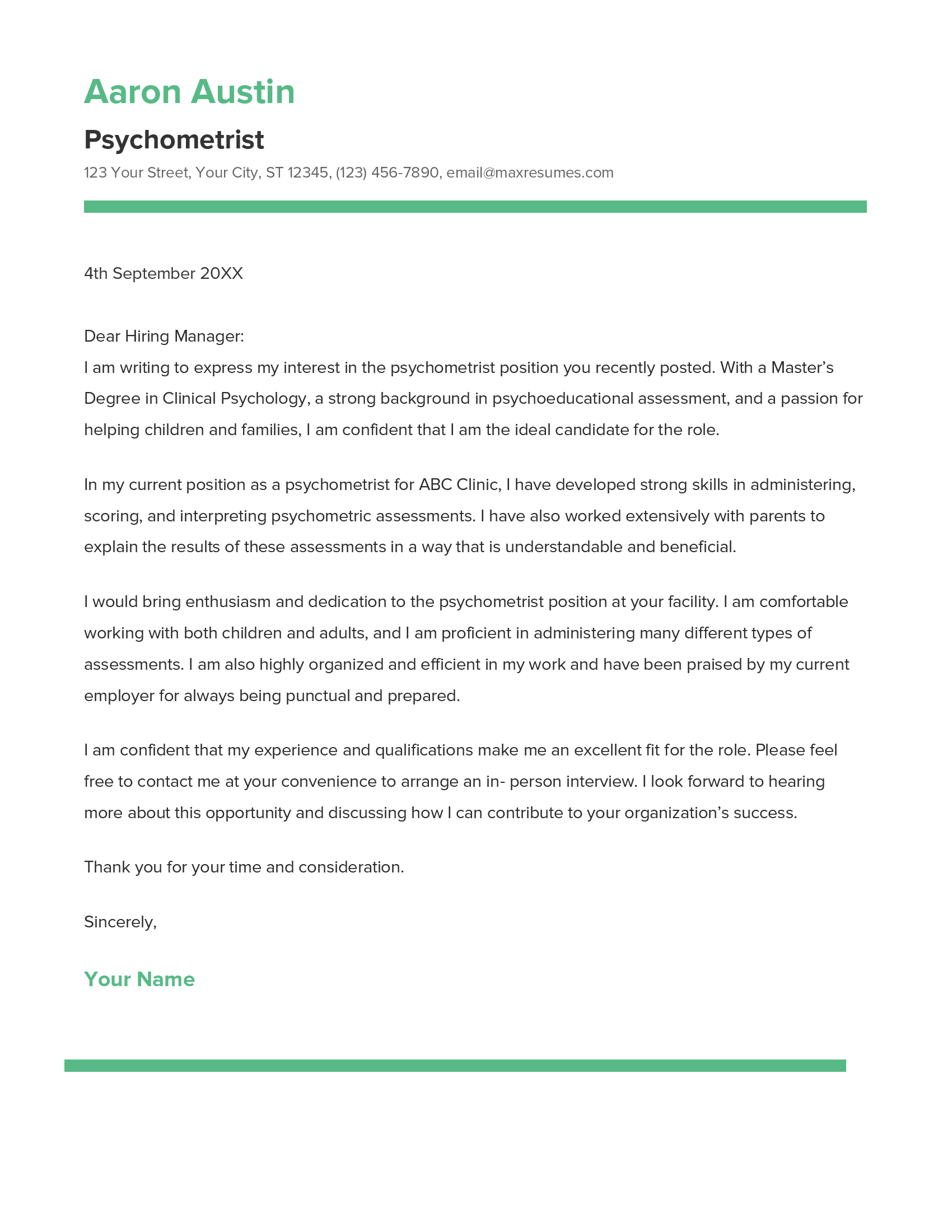 Psychometrist Cover Letter Example