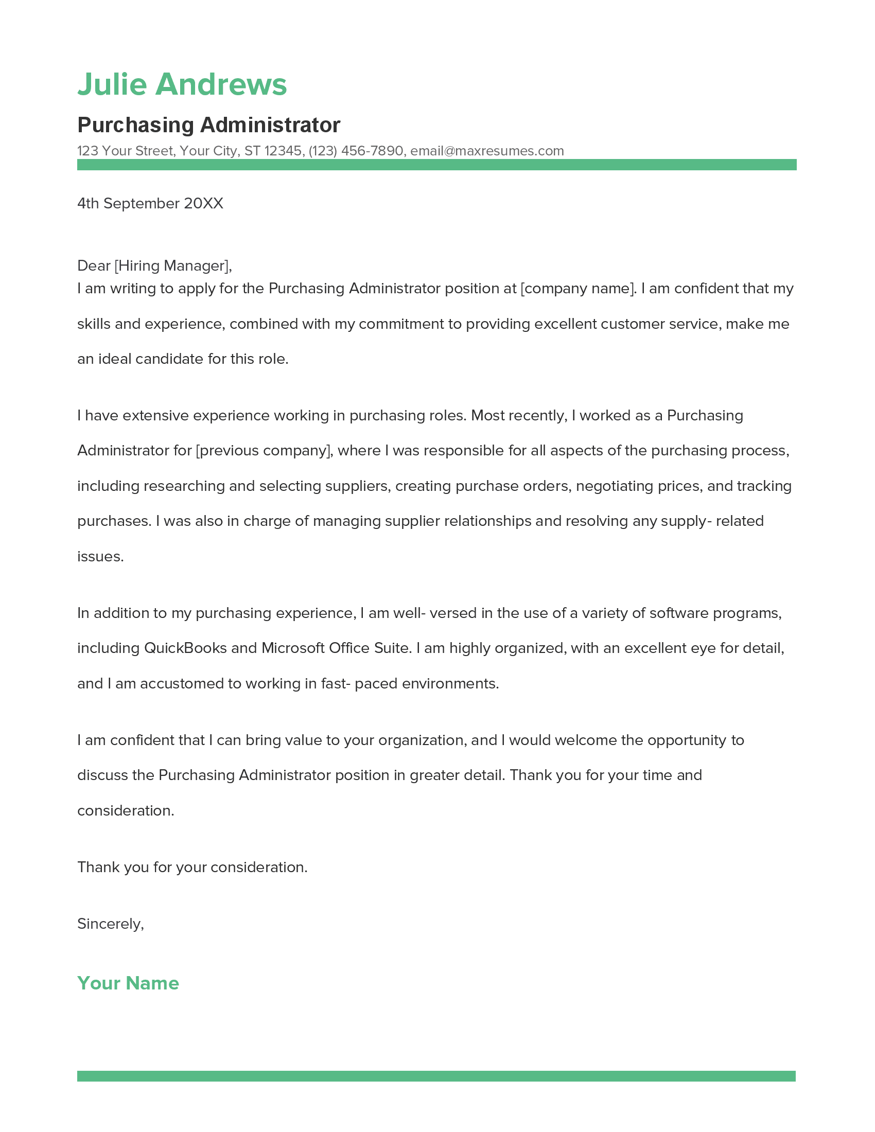 Purchasing Administrator Cover Letter Example