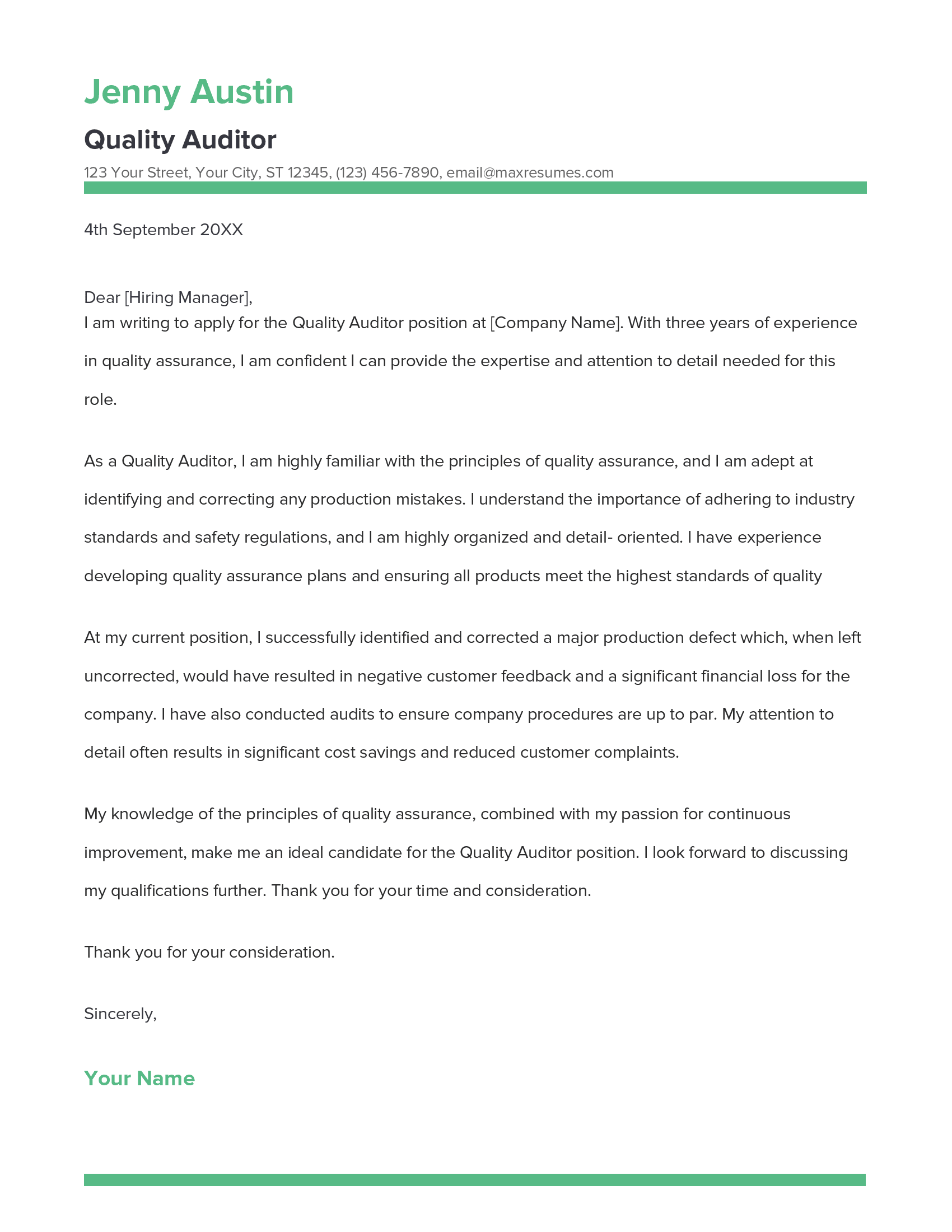 Quality Auditor Cover Letter Example