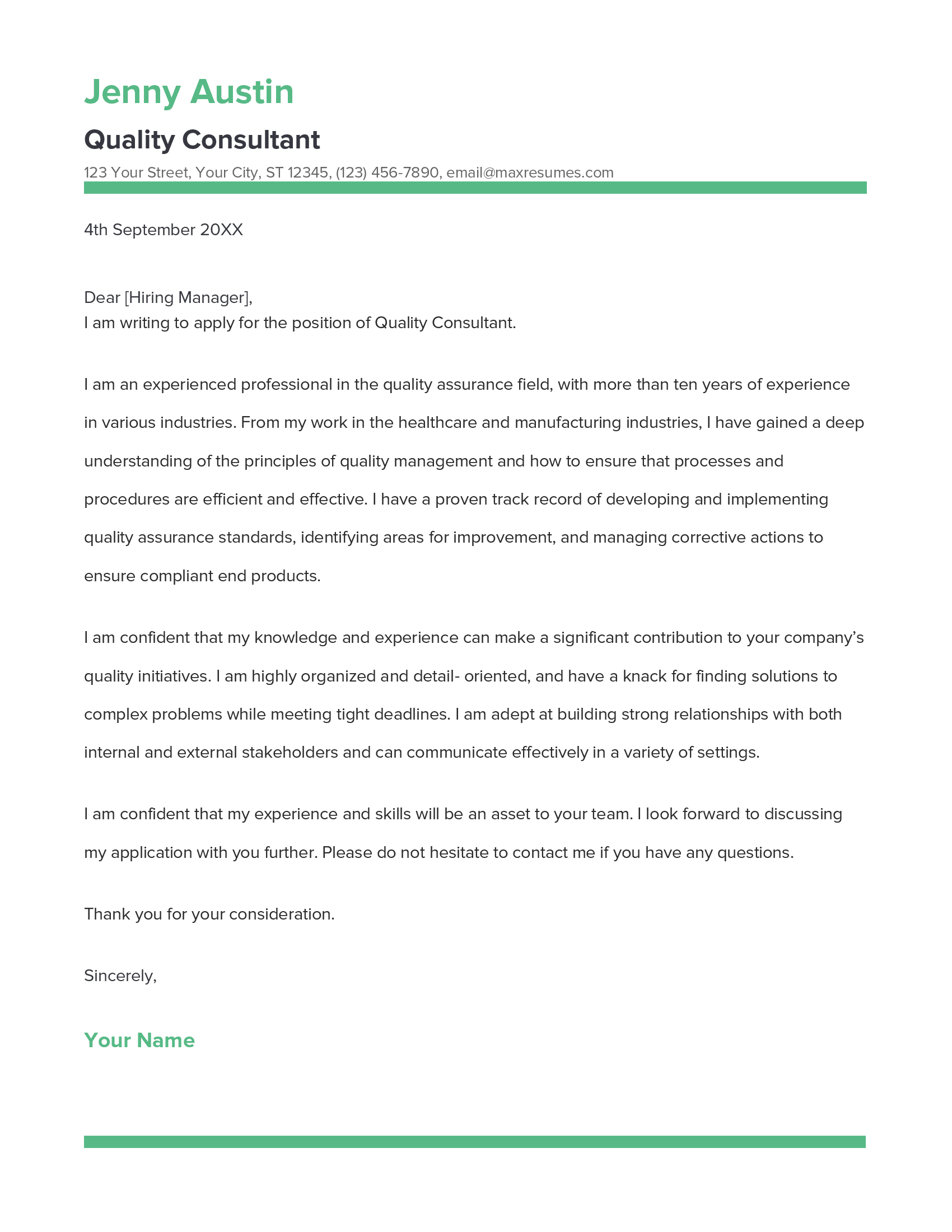 Quality Consultant Cover Letter Example