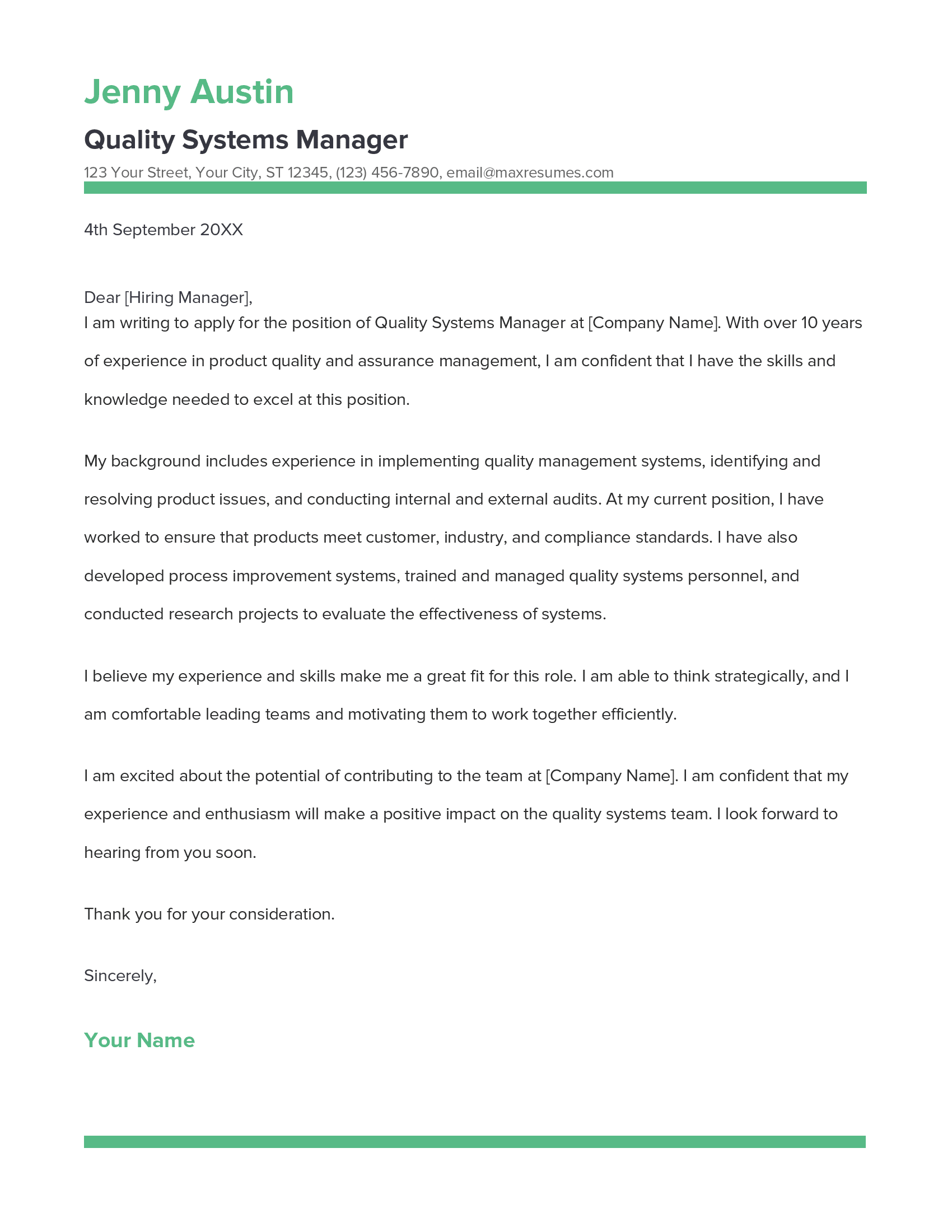 Quality Systems Manager Cover Letter Example