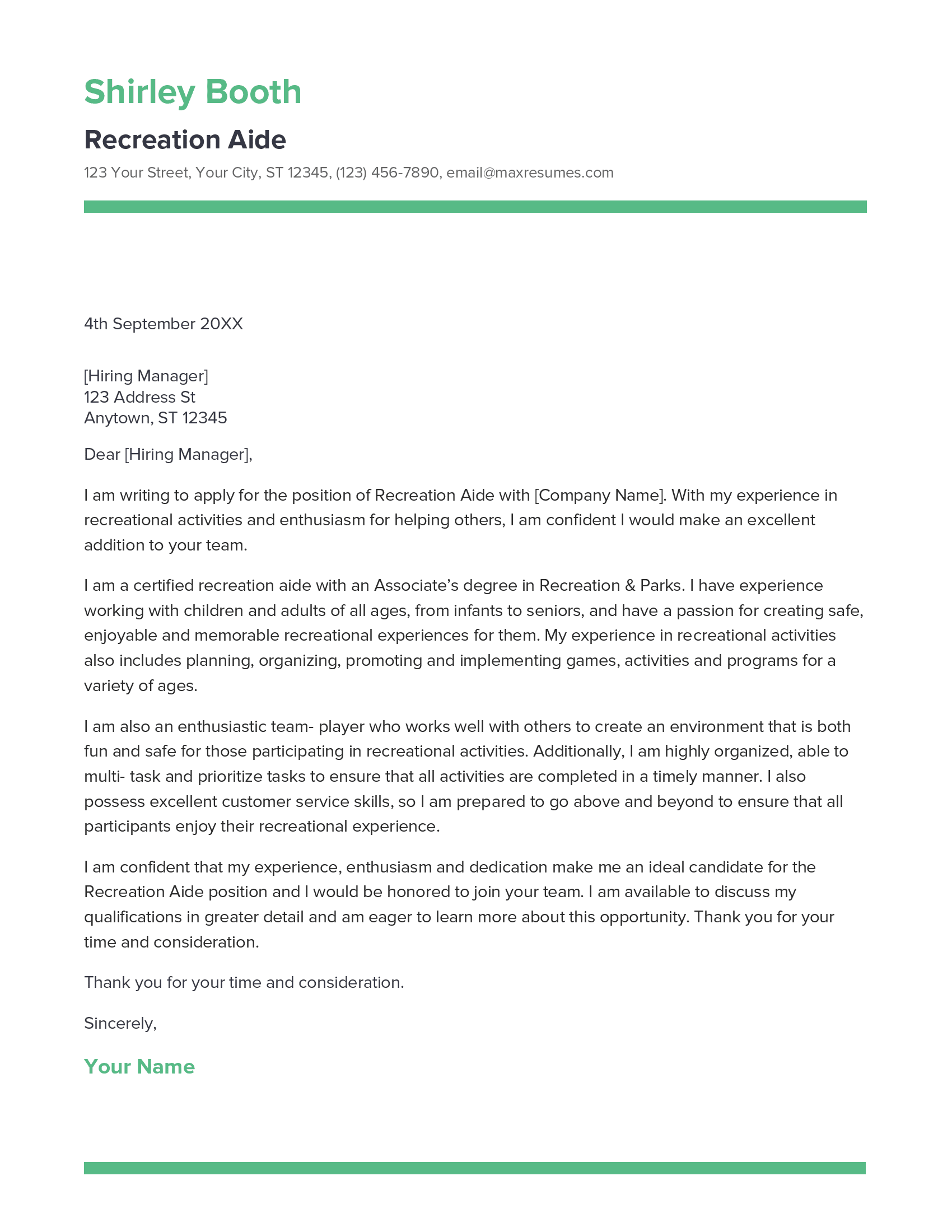 Recreation Aide Cover Letter Example