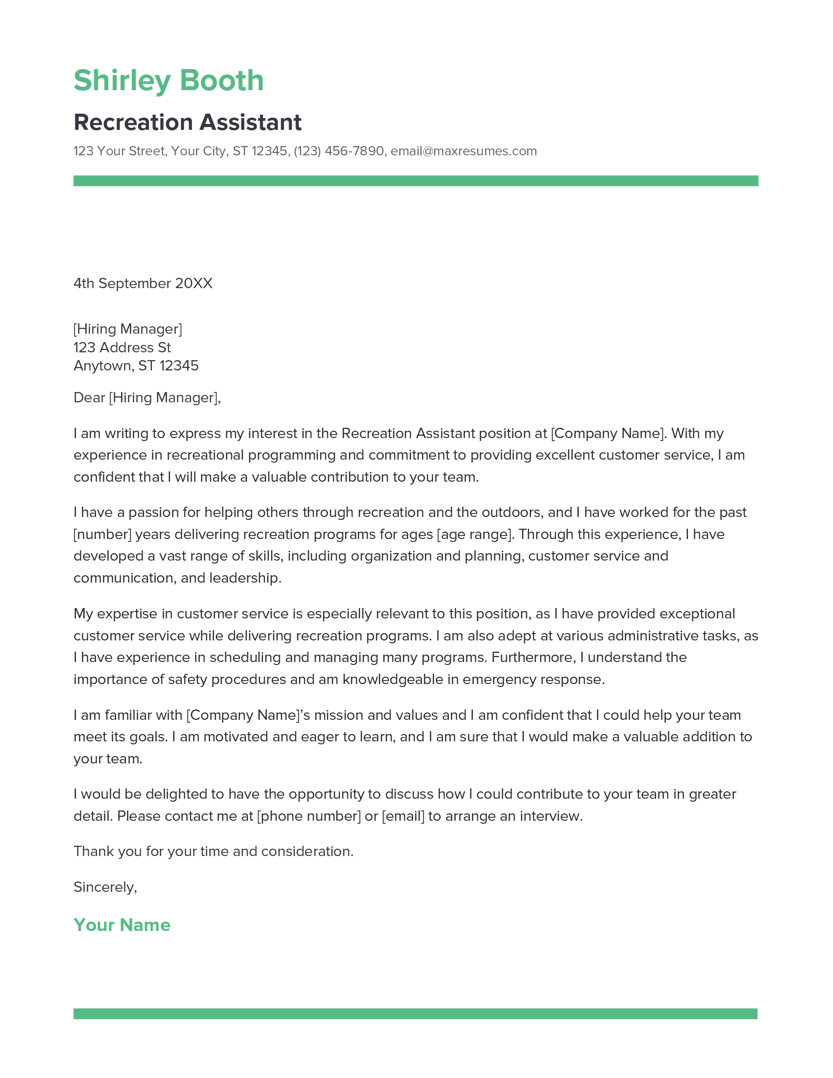 Recreation Assistant Cover Letter Example