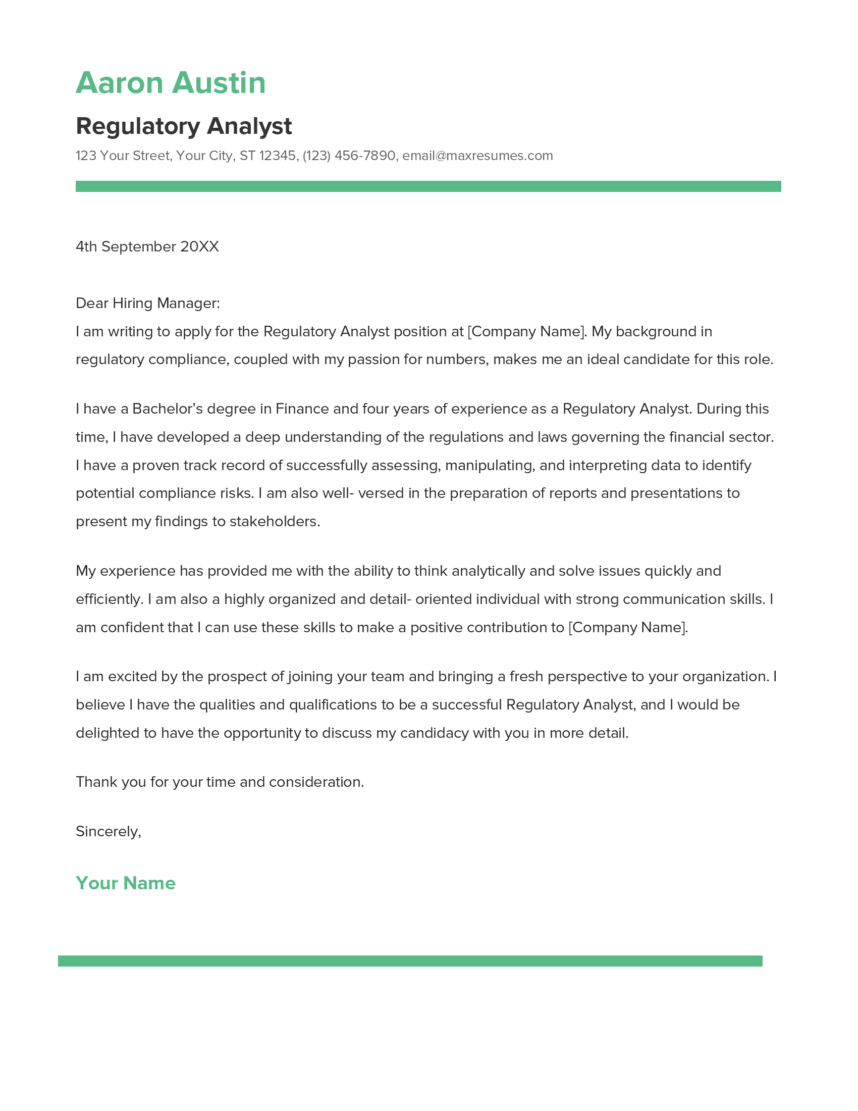 Regulatory Analyst Cover Letter Example