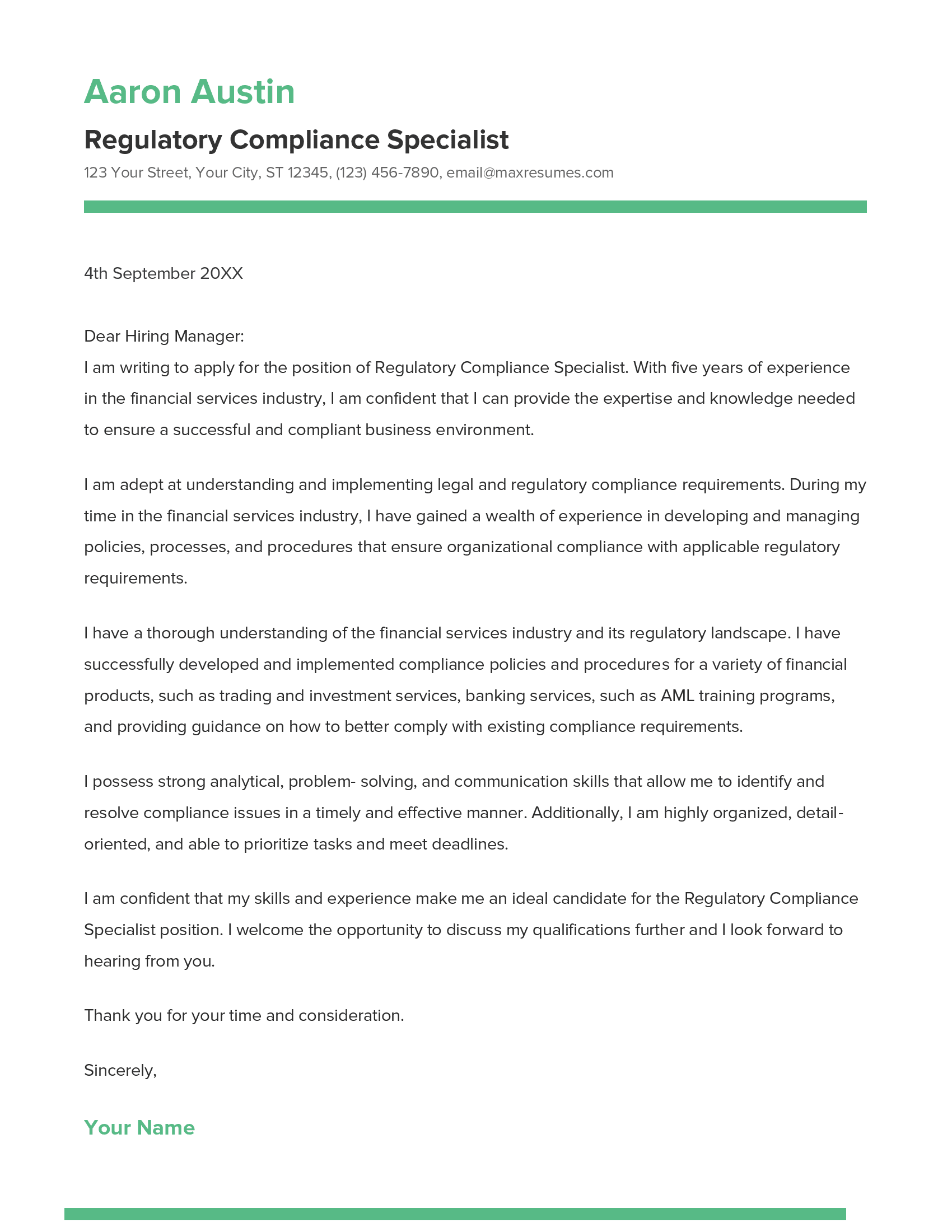 Regulatory Compliance Specialist Cover Letter Example