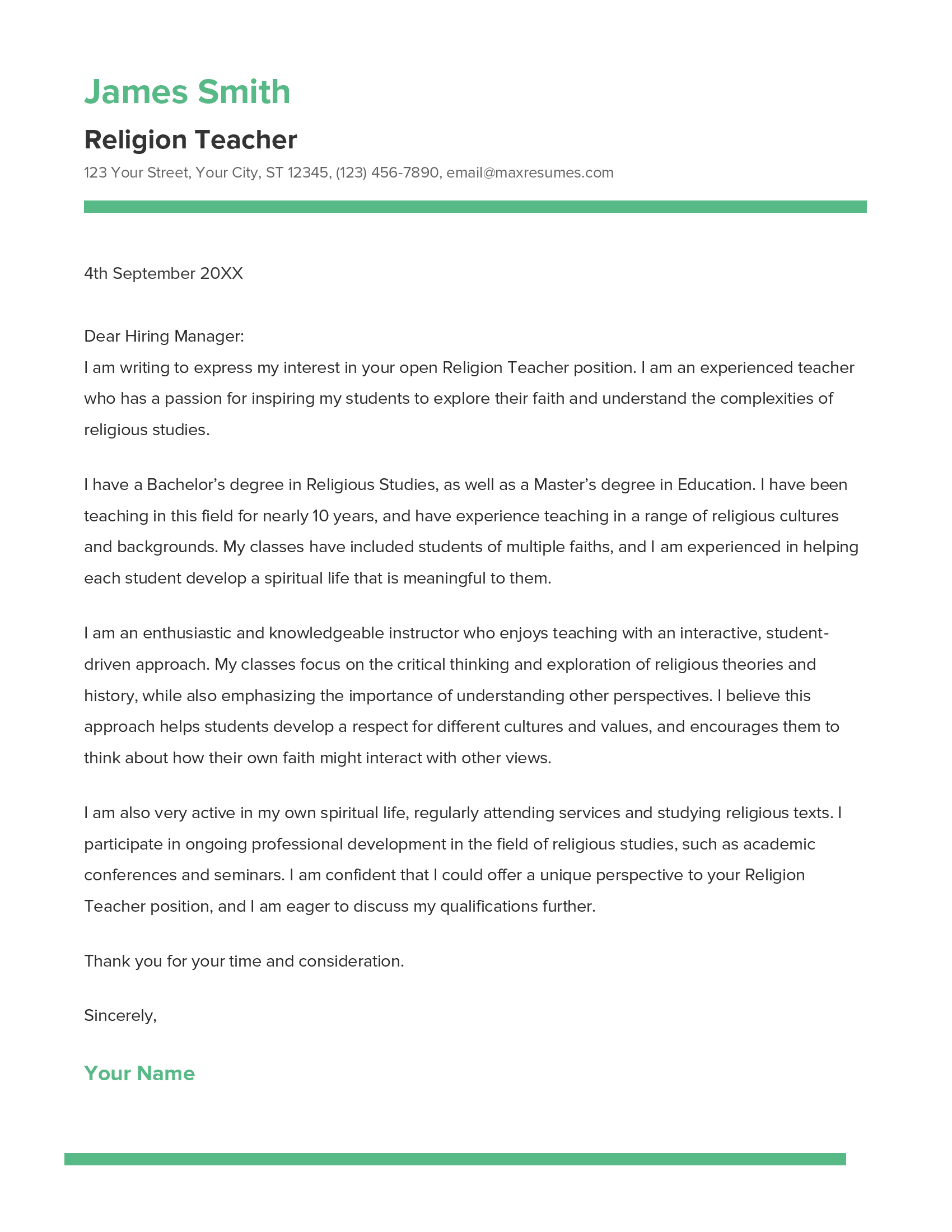 Religion Teacher Cover Letter Example