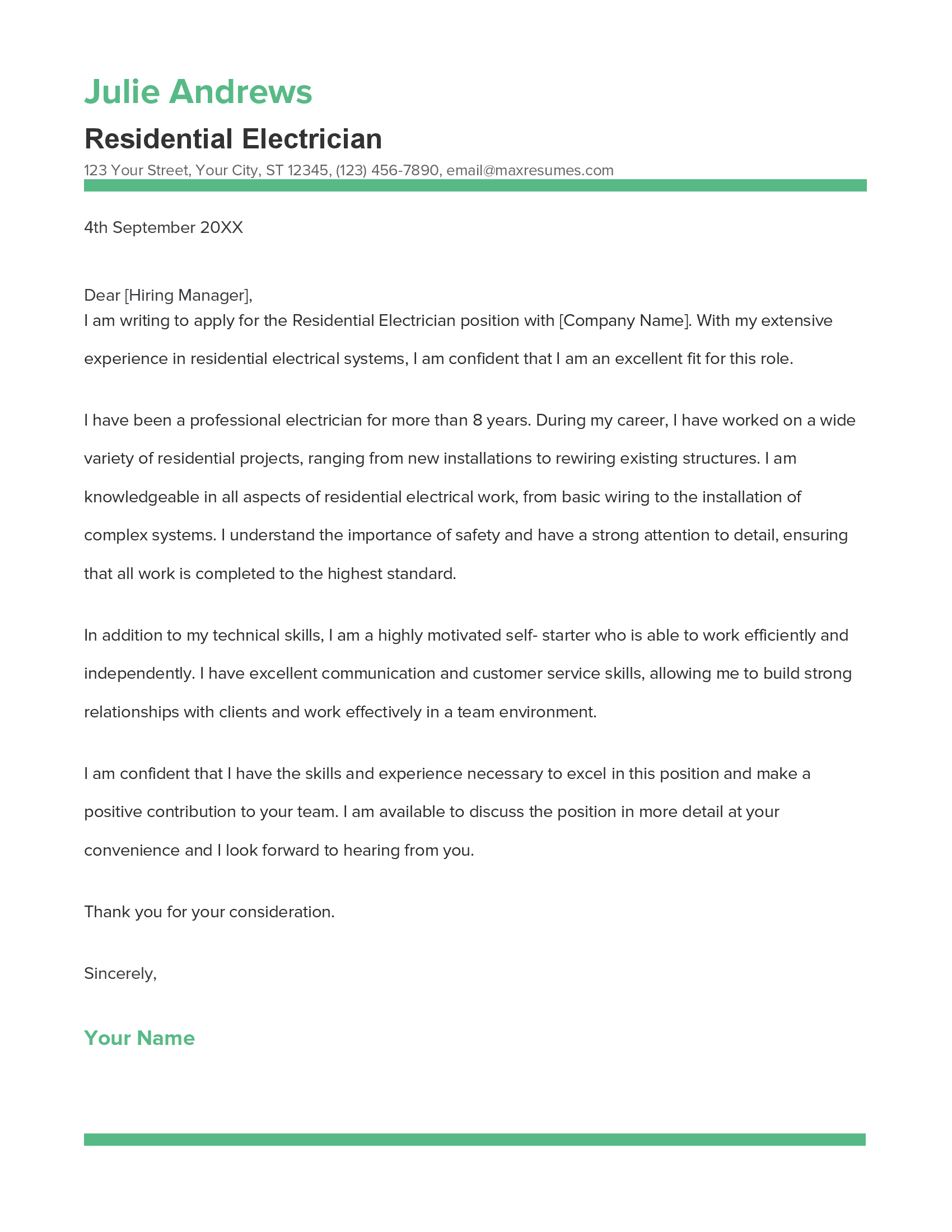 Residential Electrician Cover Letter Example