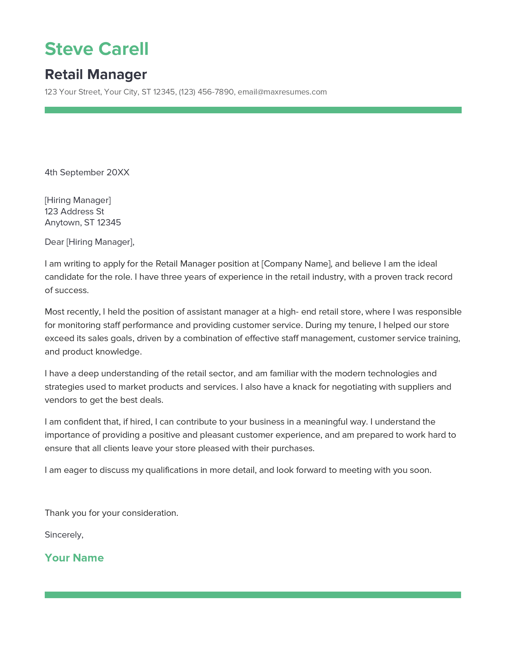 Retail Manager Cover Letter Example