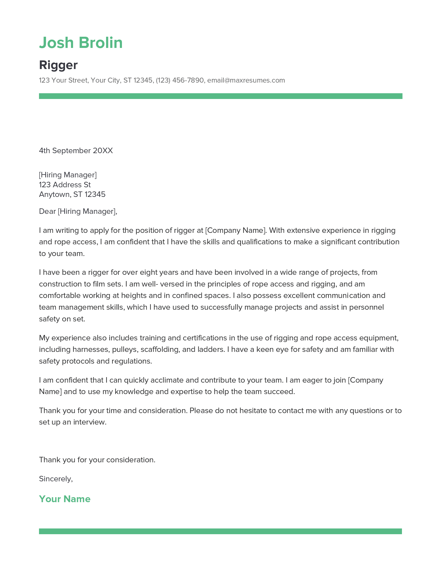 Rigger Cover Letter Example