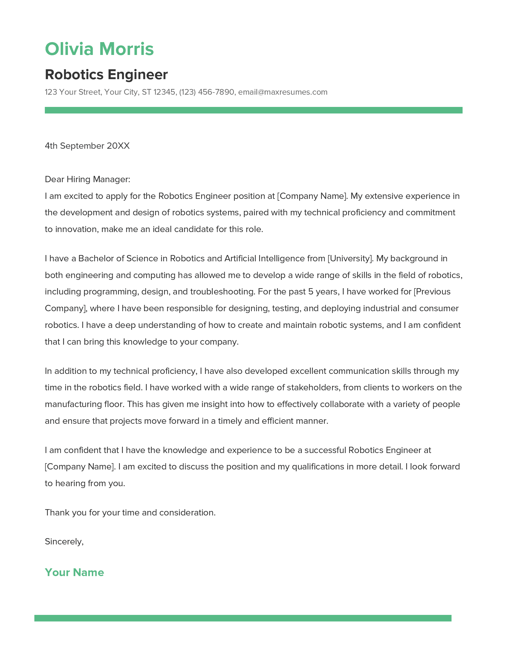 Robotics Engineer Cover Letter Example