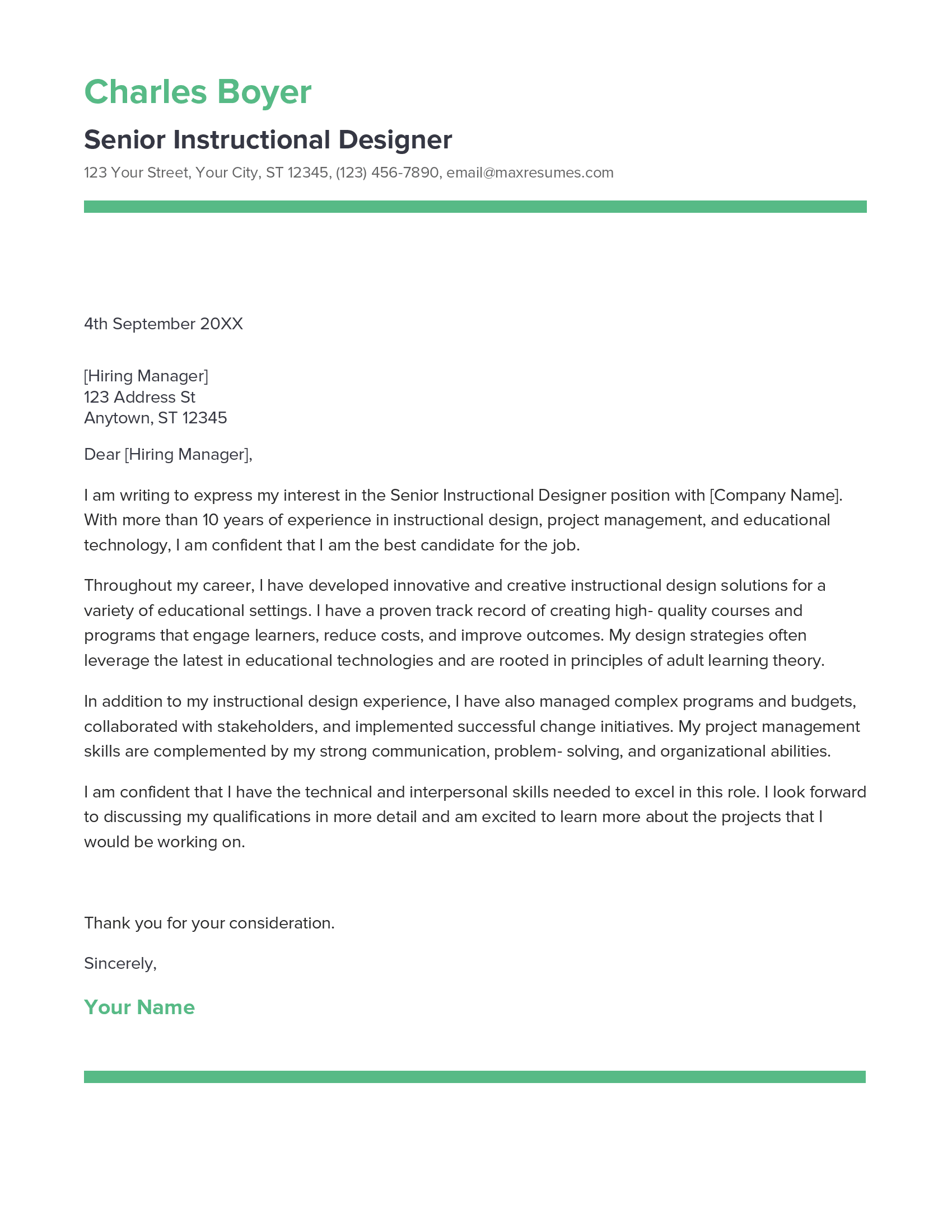 Senior Instructional Designer Cover Letter Example