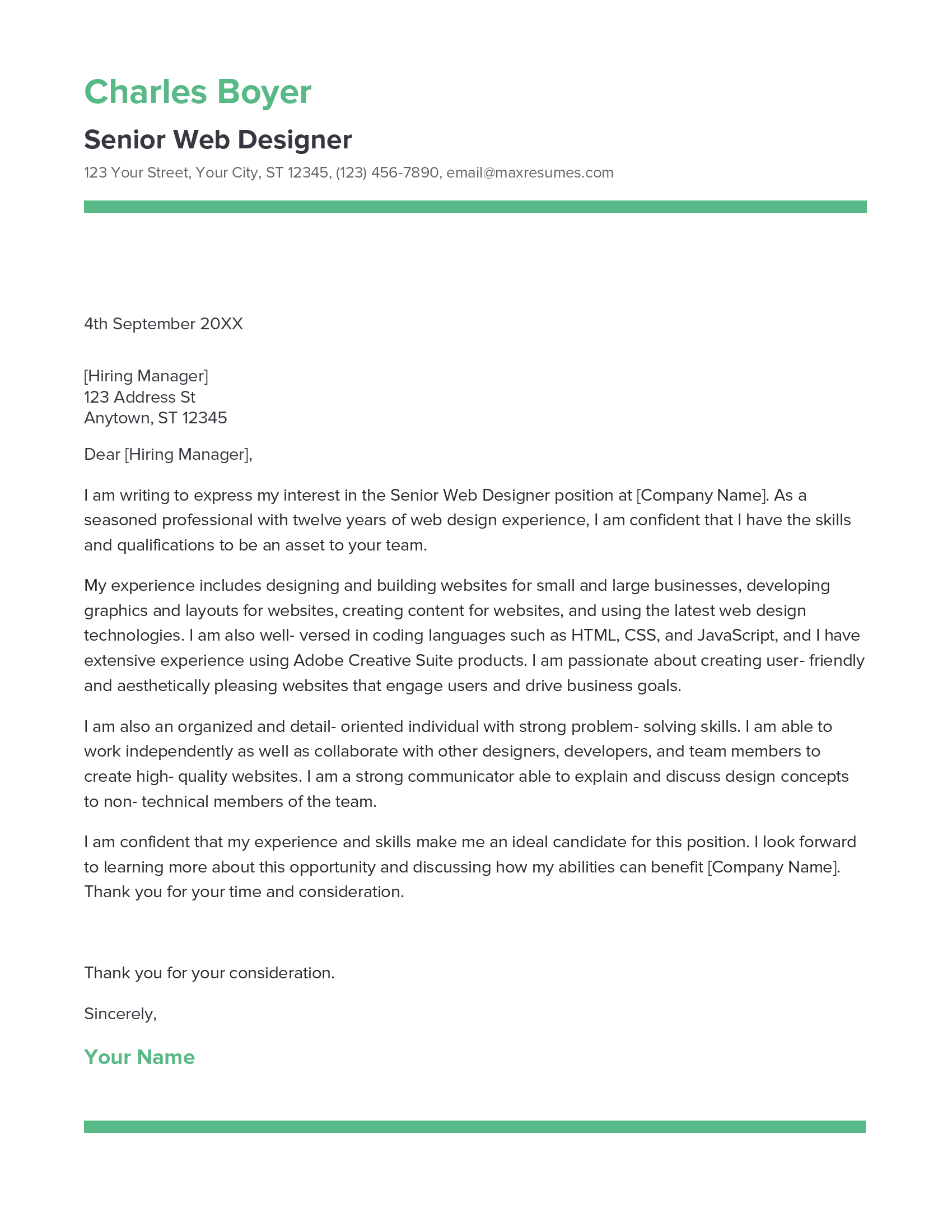 Senior Web Designer Cover Letter Example