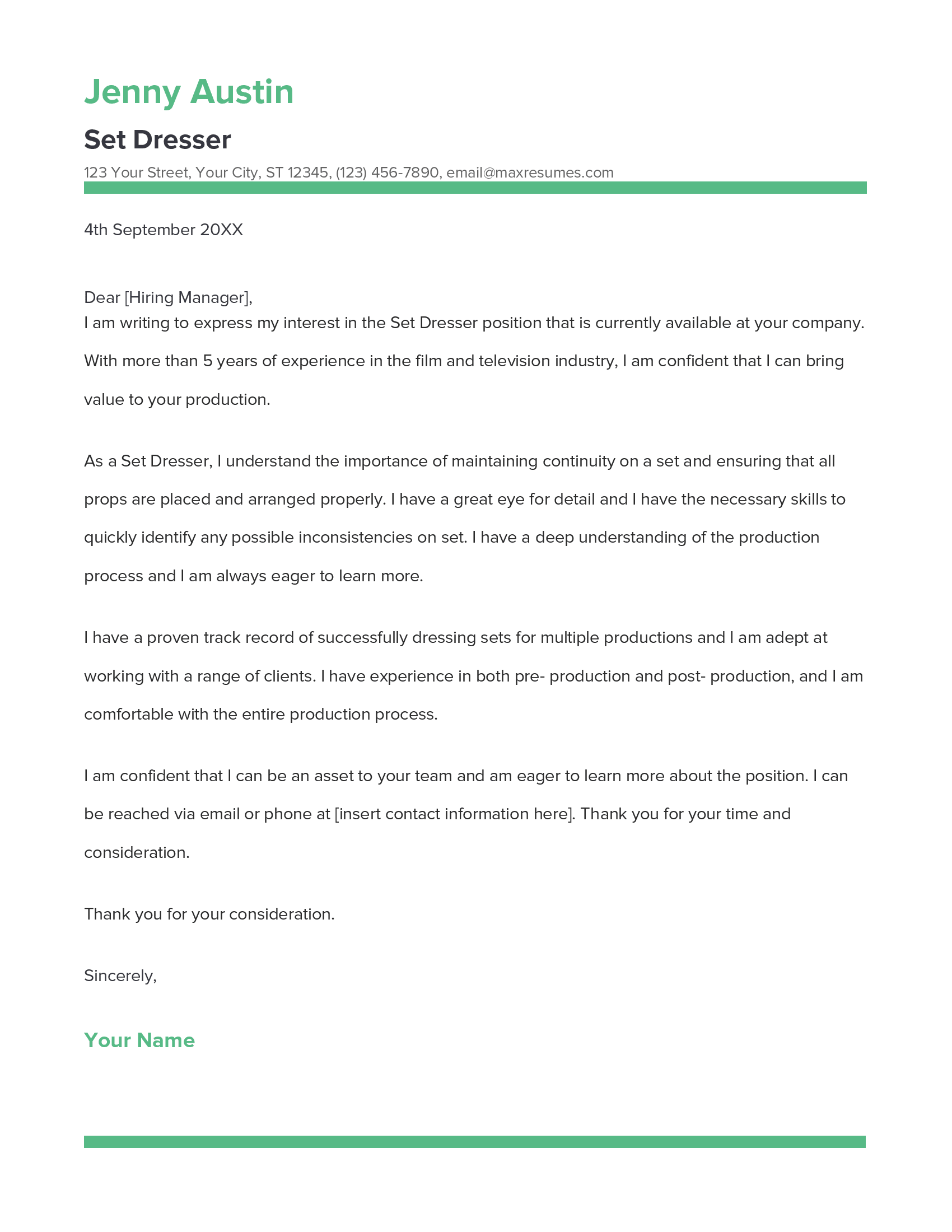 Set Dresser Cover Letter Example