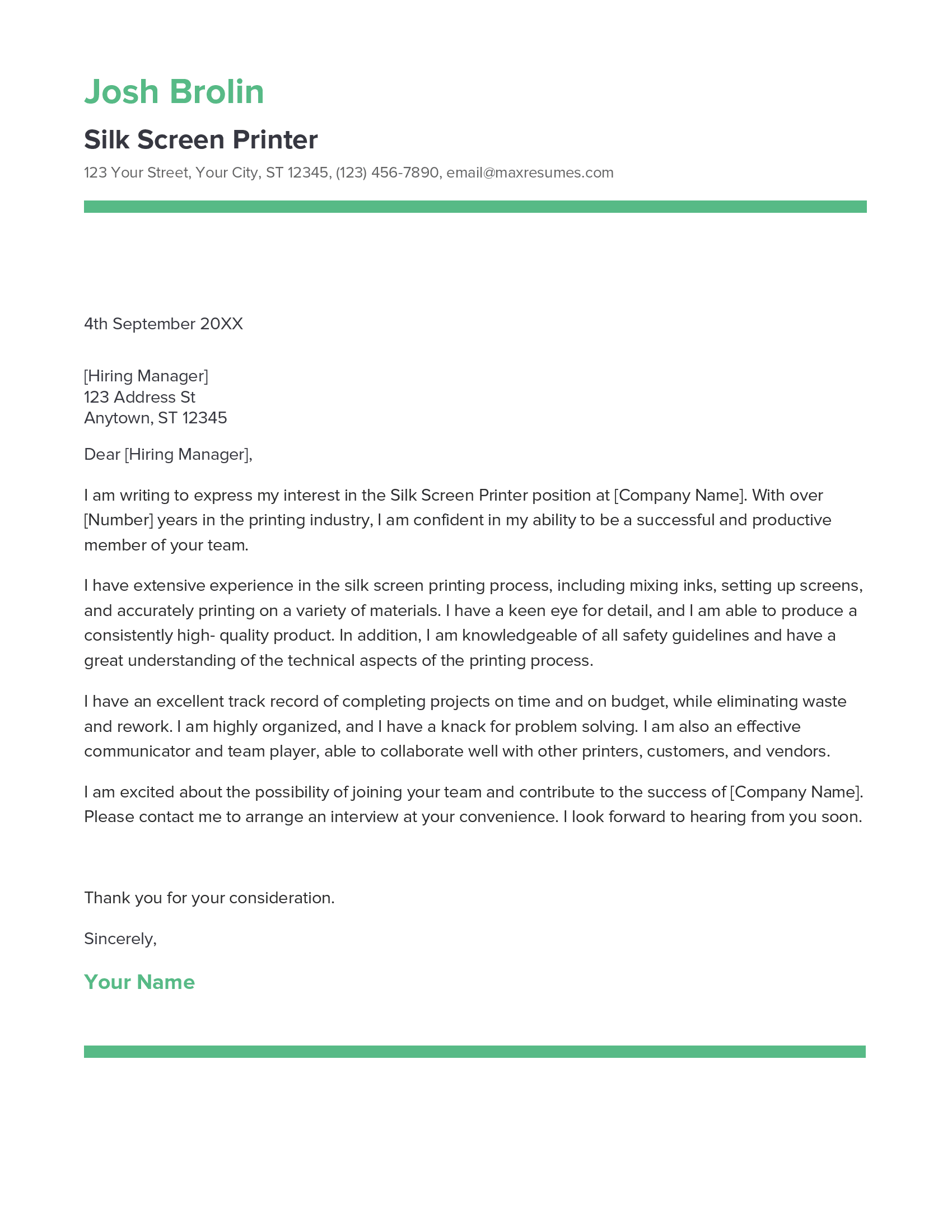 Silk Screen Printer Cover Letter Example