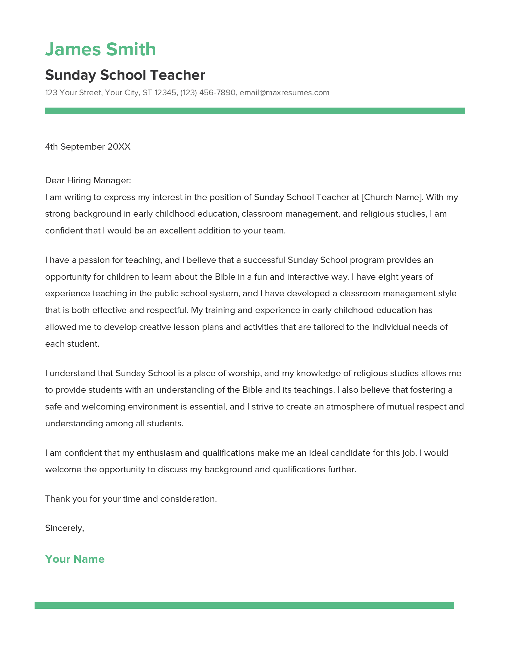 Sunday School Teacher Cover Letter Example