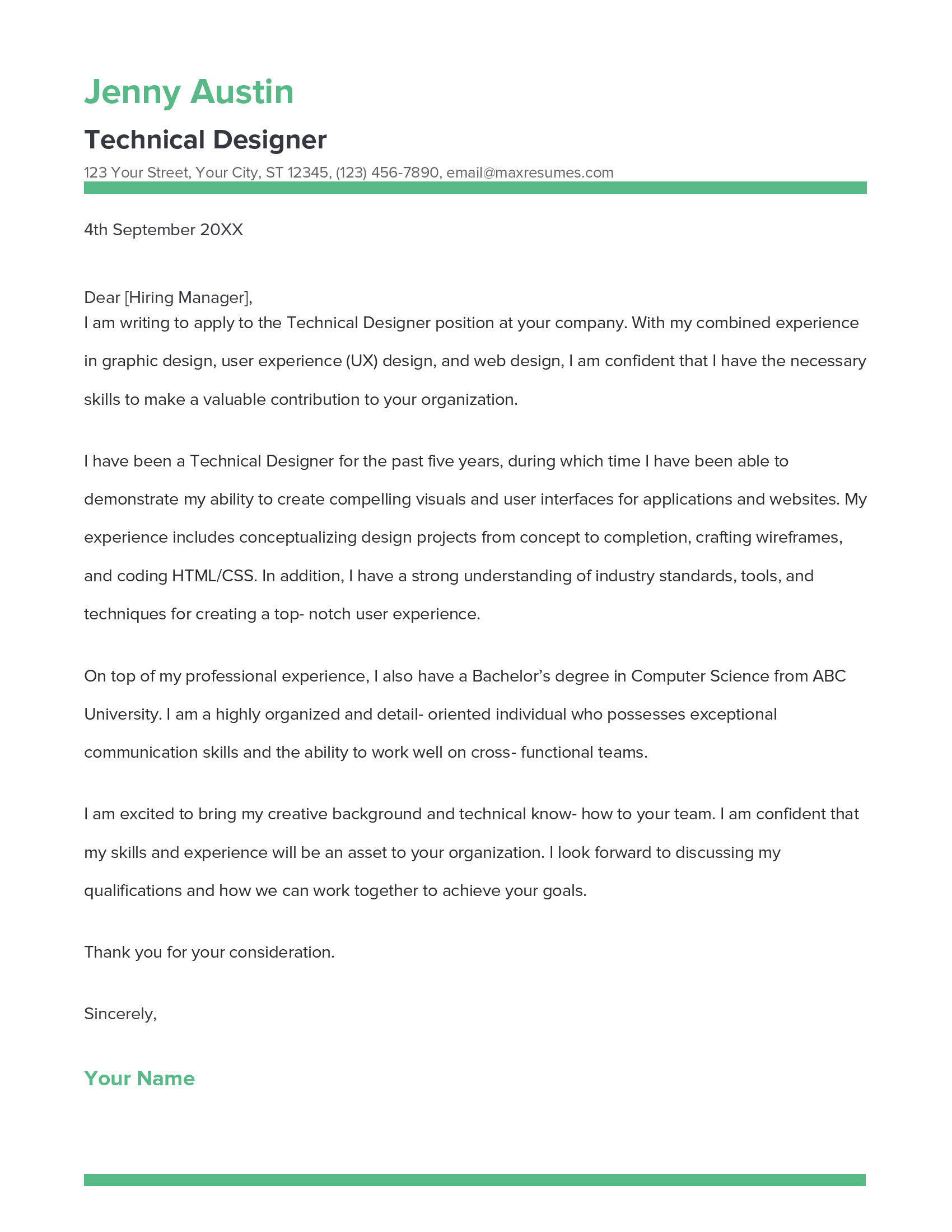 Technical Designer Cover Letter Example