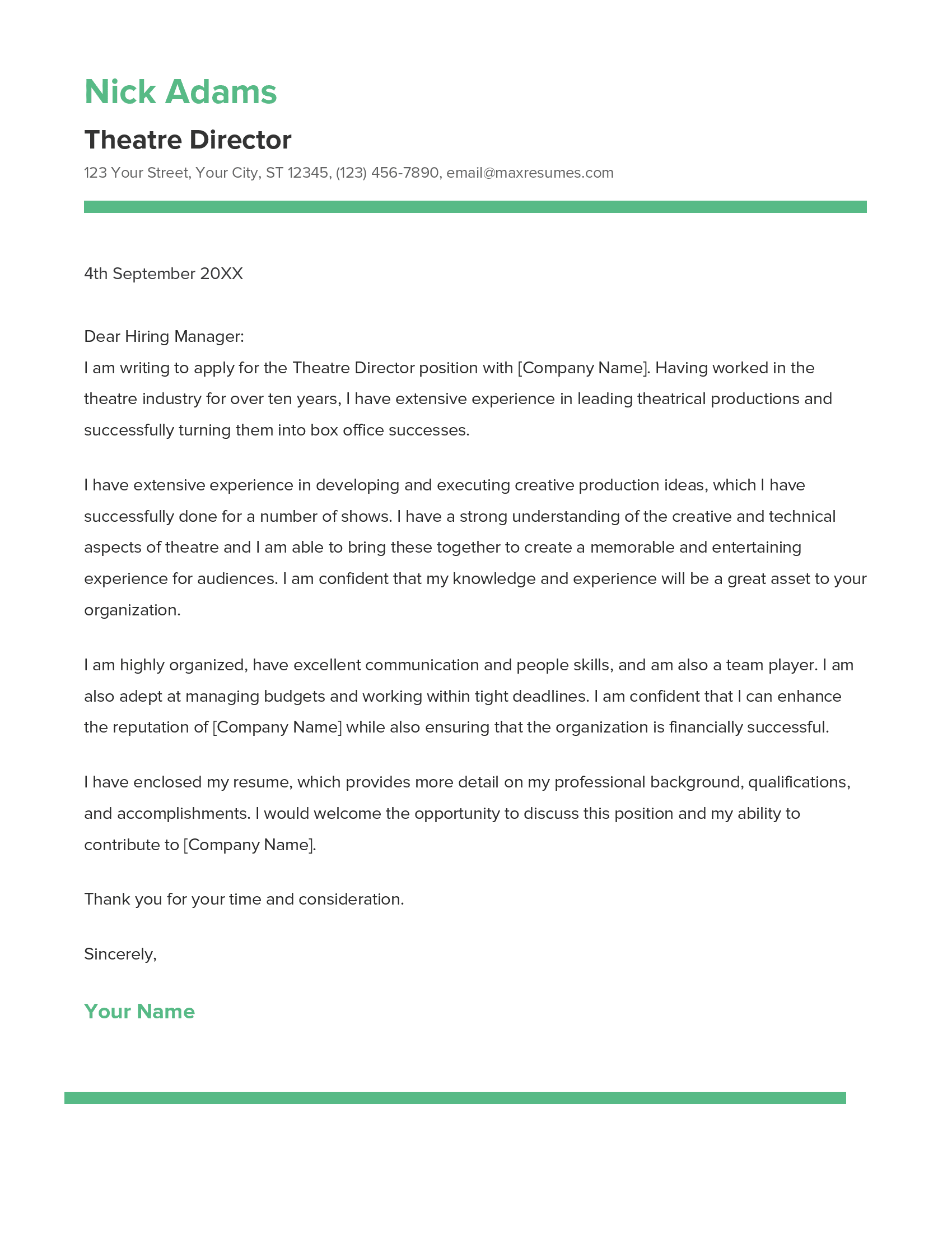 Theatre Director Cover Letter Example