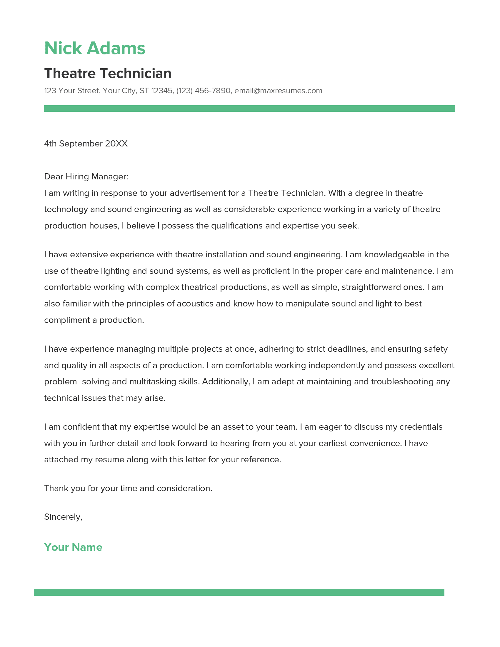Theatre Technician Cover Letter Example