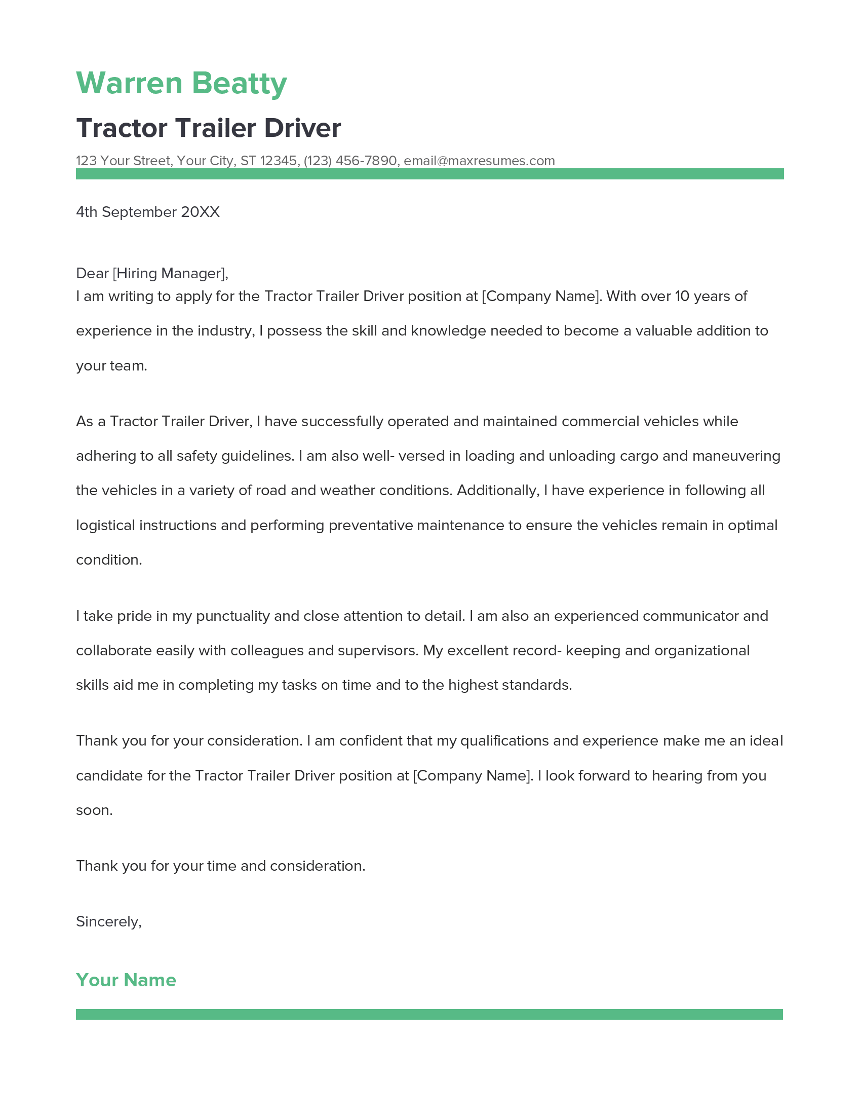 Tractor Trailer Driver Cover Letter Example