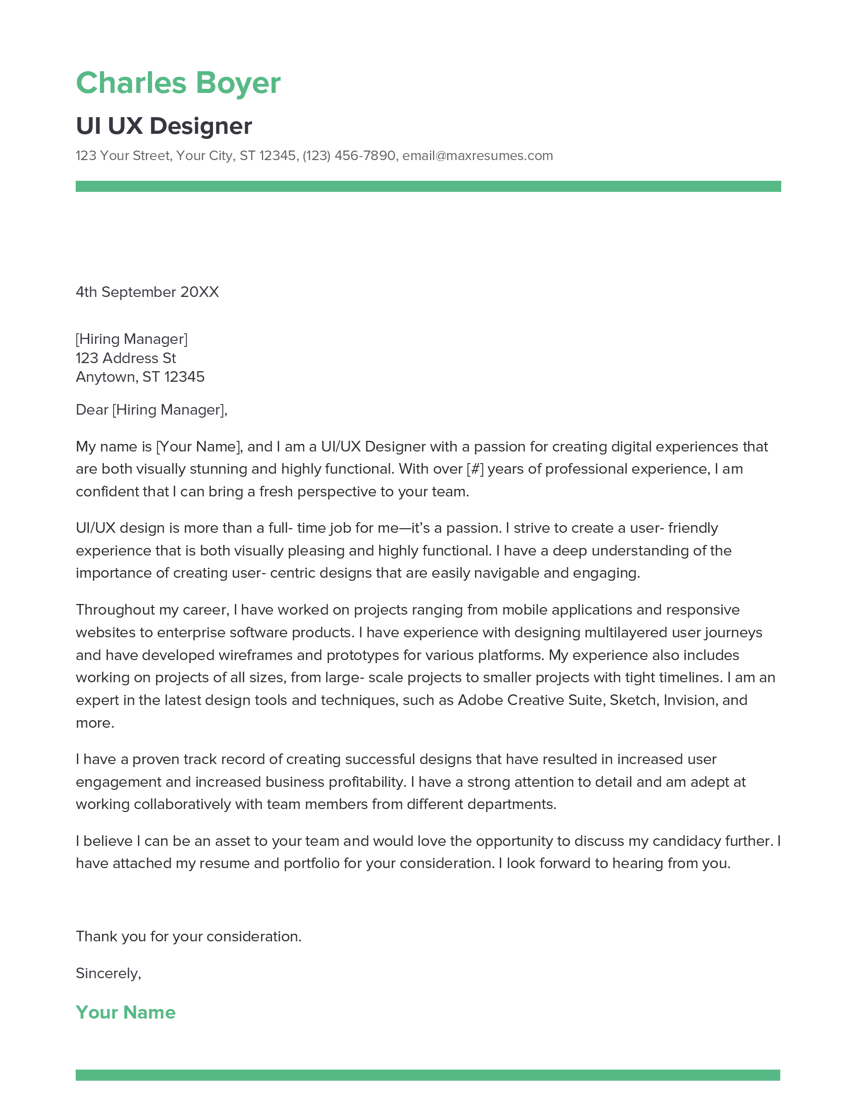 UI UX Designer Cover Letter Example