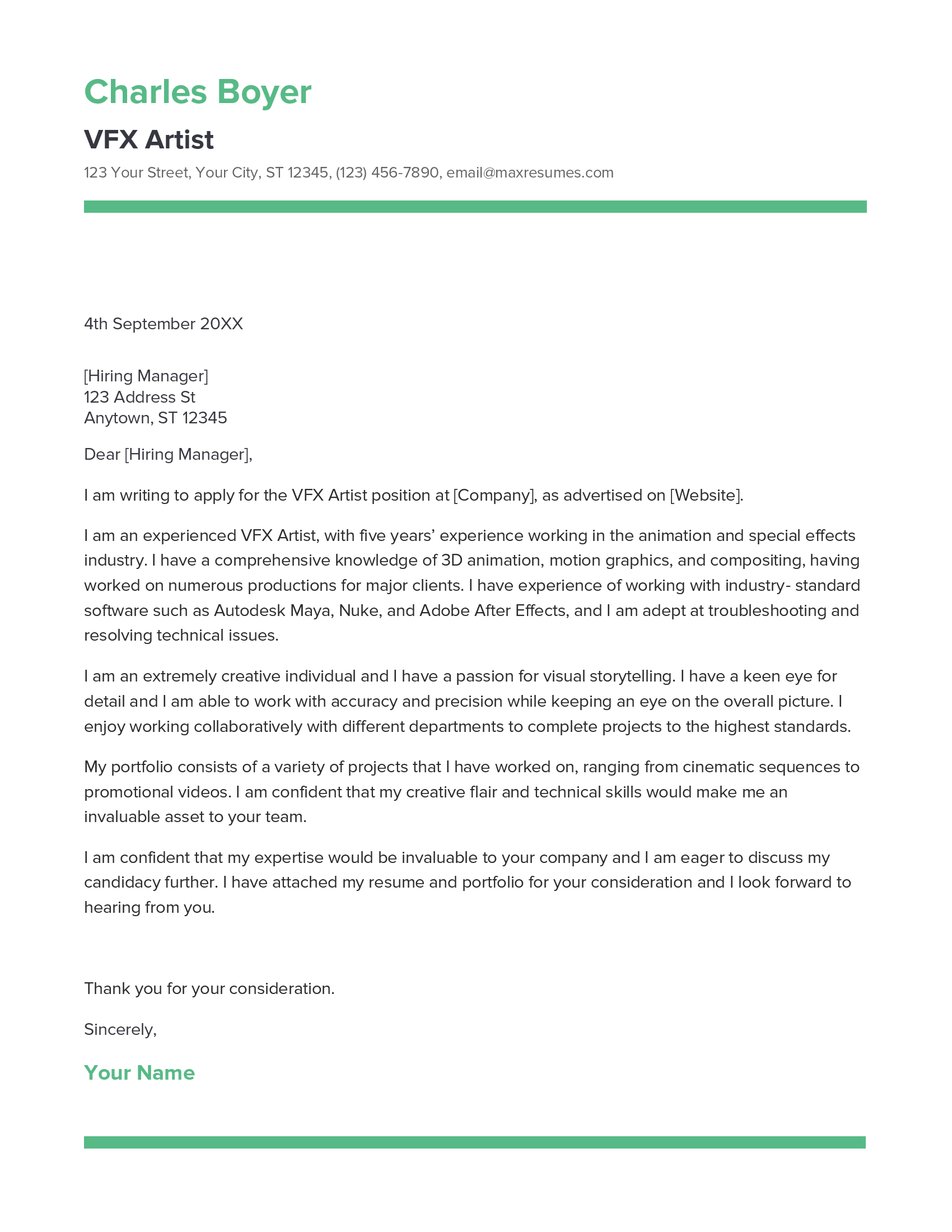 VFX Artist Cover Letter Example