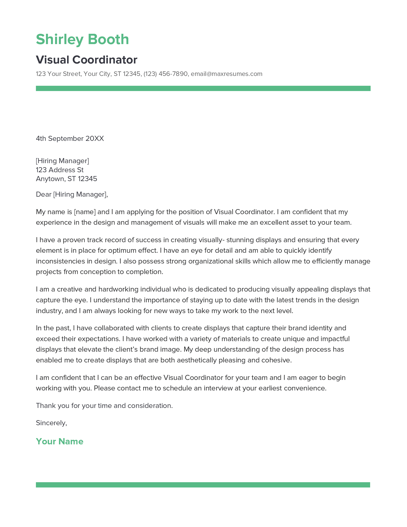 Visual Coordinator Cover Letter Example