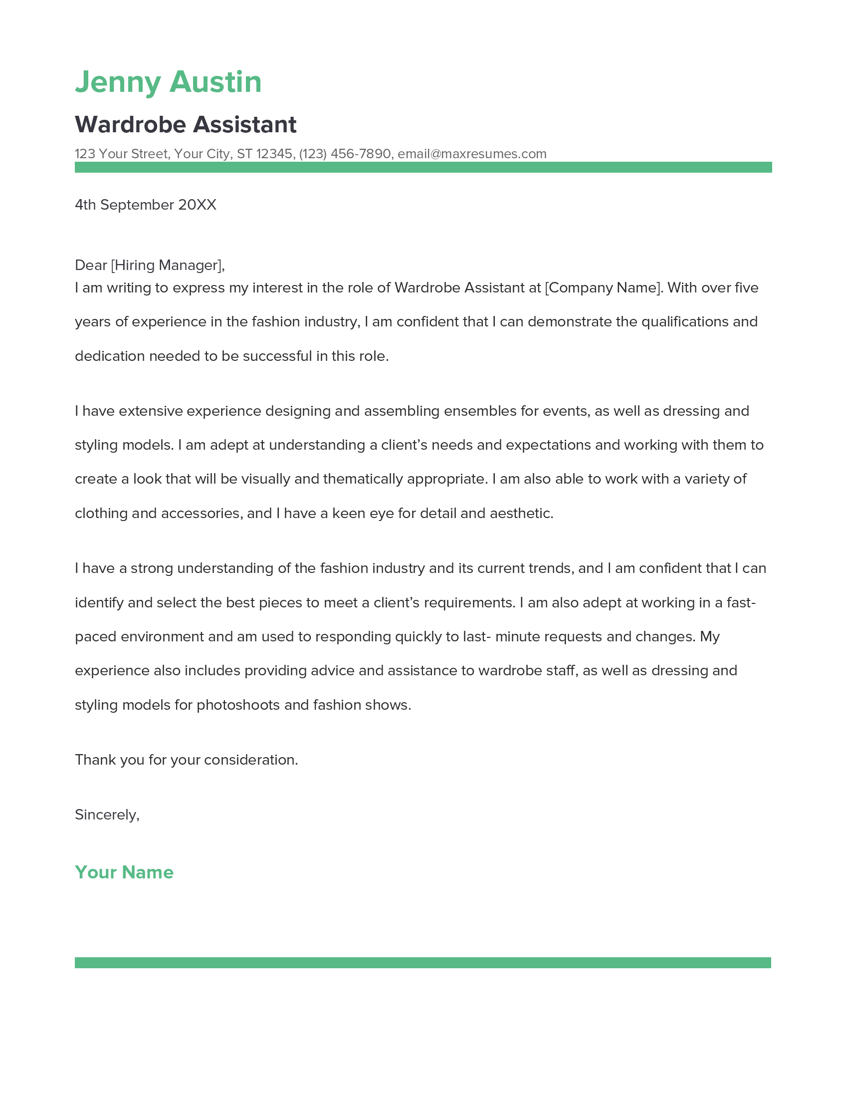 Wardrobe Assistant Cover Letter Example