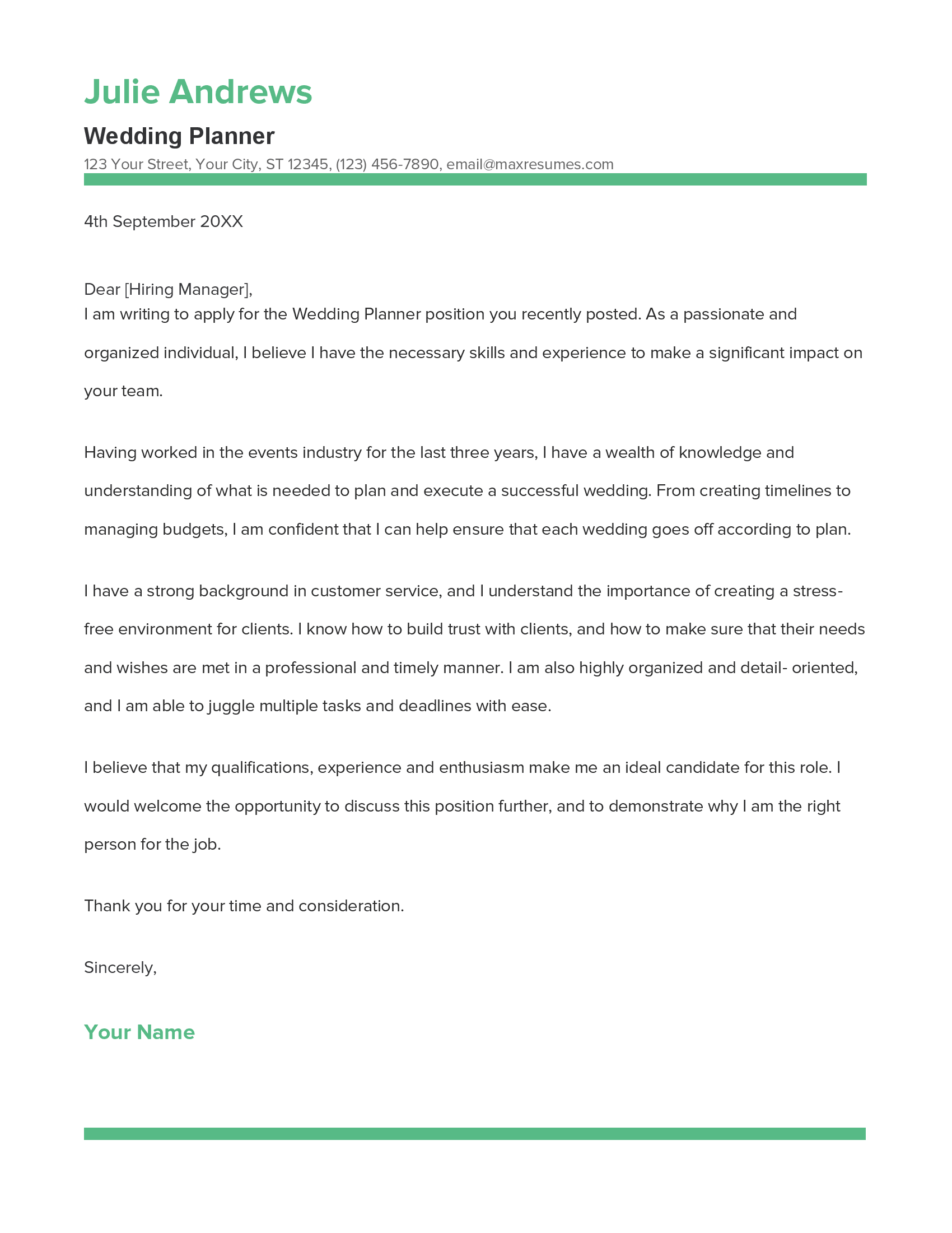 Wedding Planner Cover Letter Example