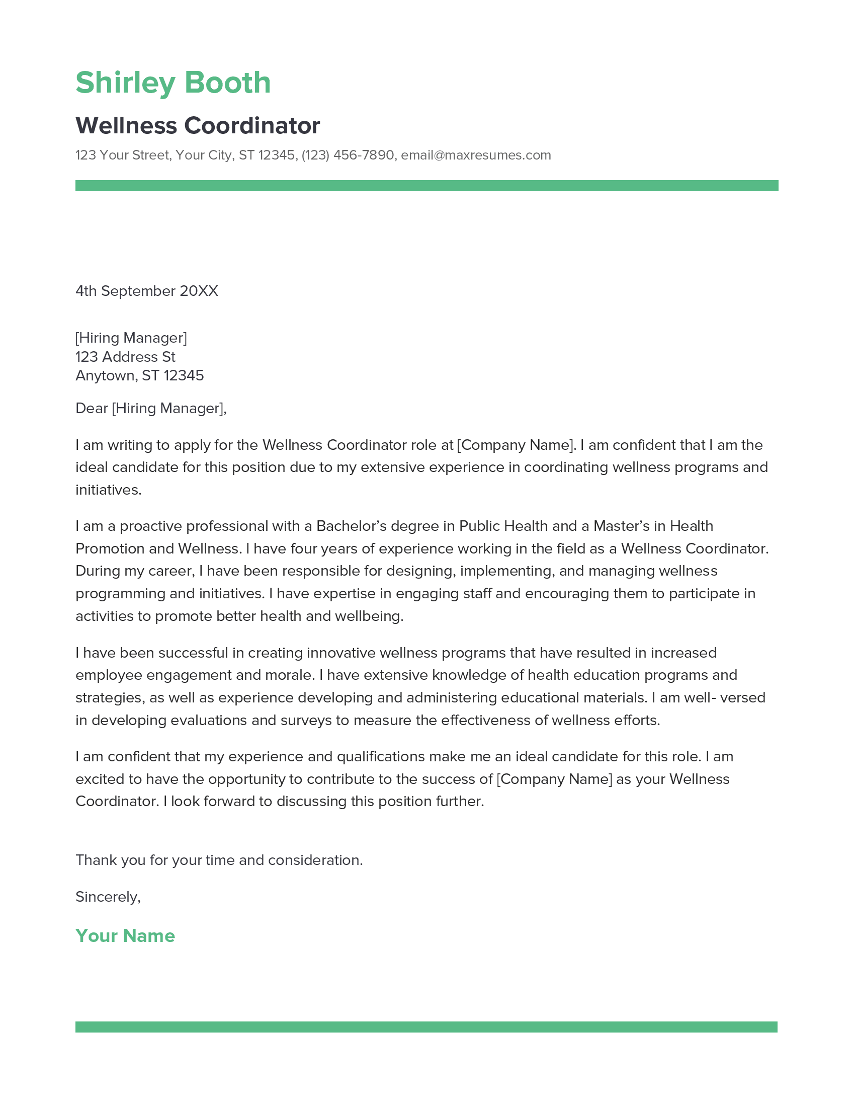 Wellness Coordinator Cover Letter Example