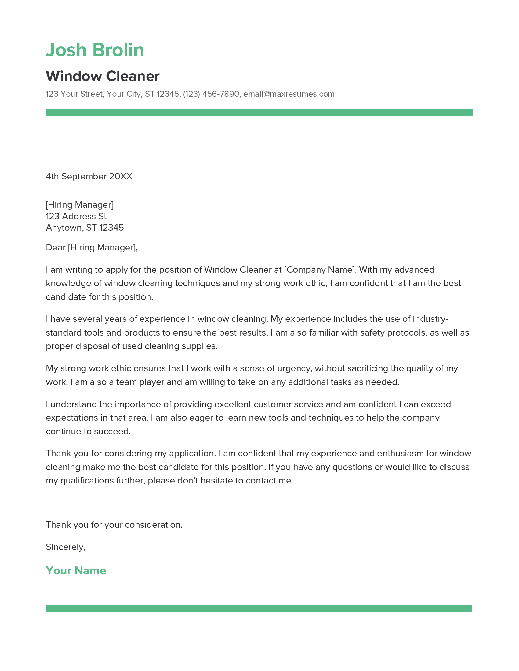 Window Cleaner Cover Letter Example