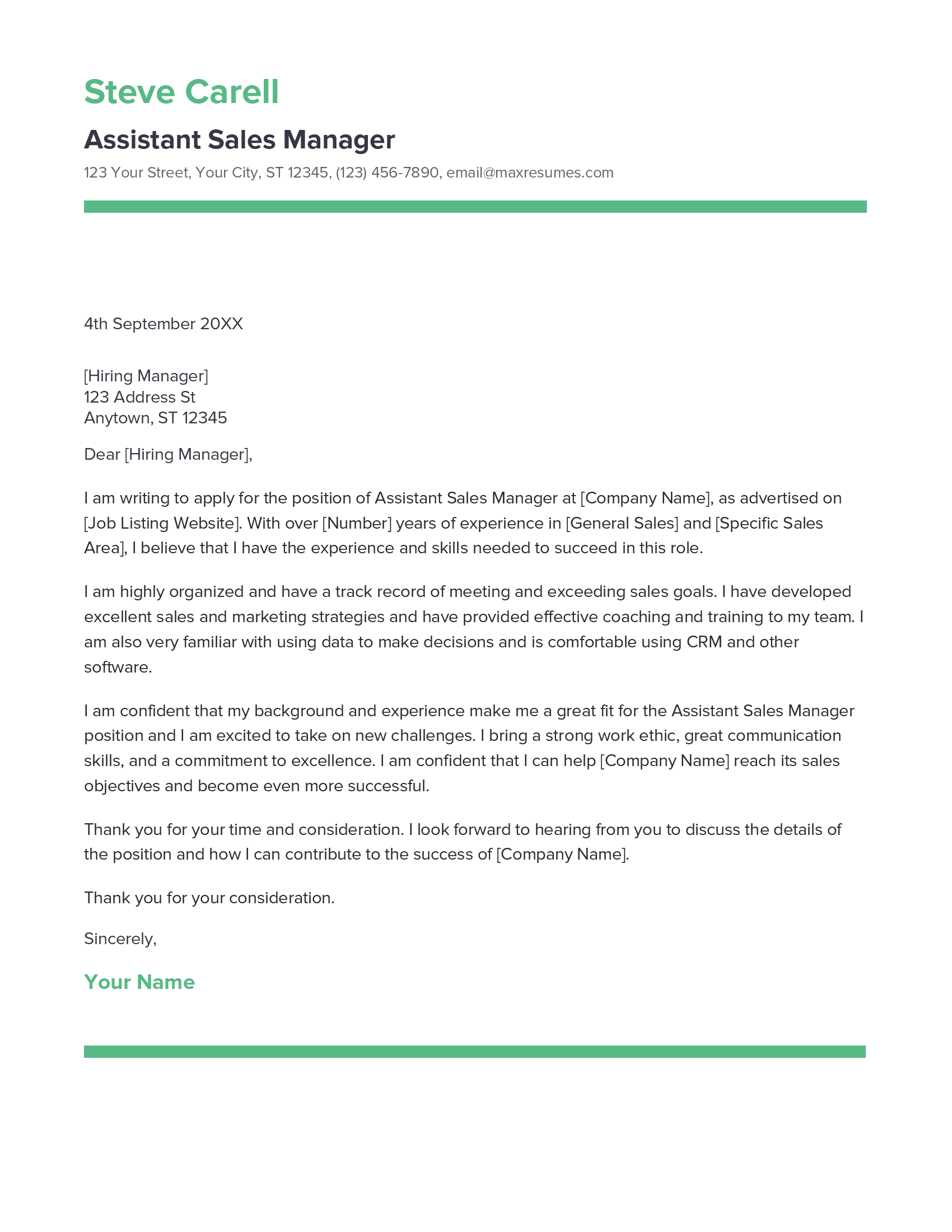 Assistant Sales Manager Cover Letter Example