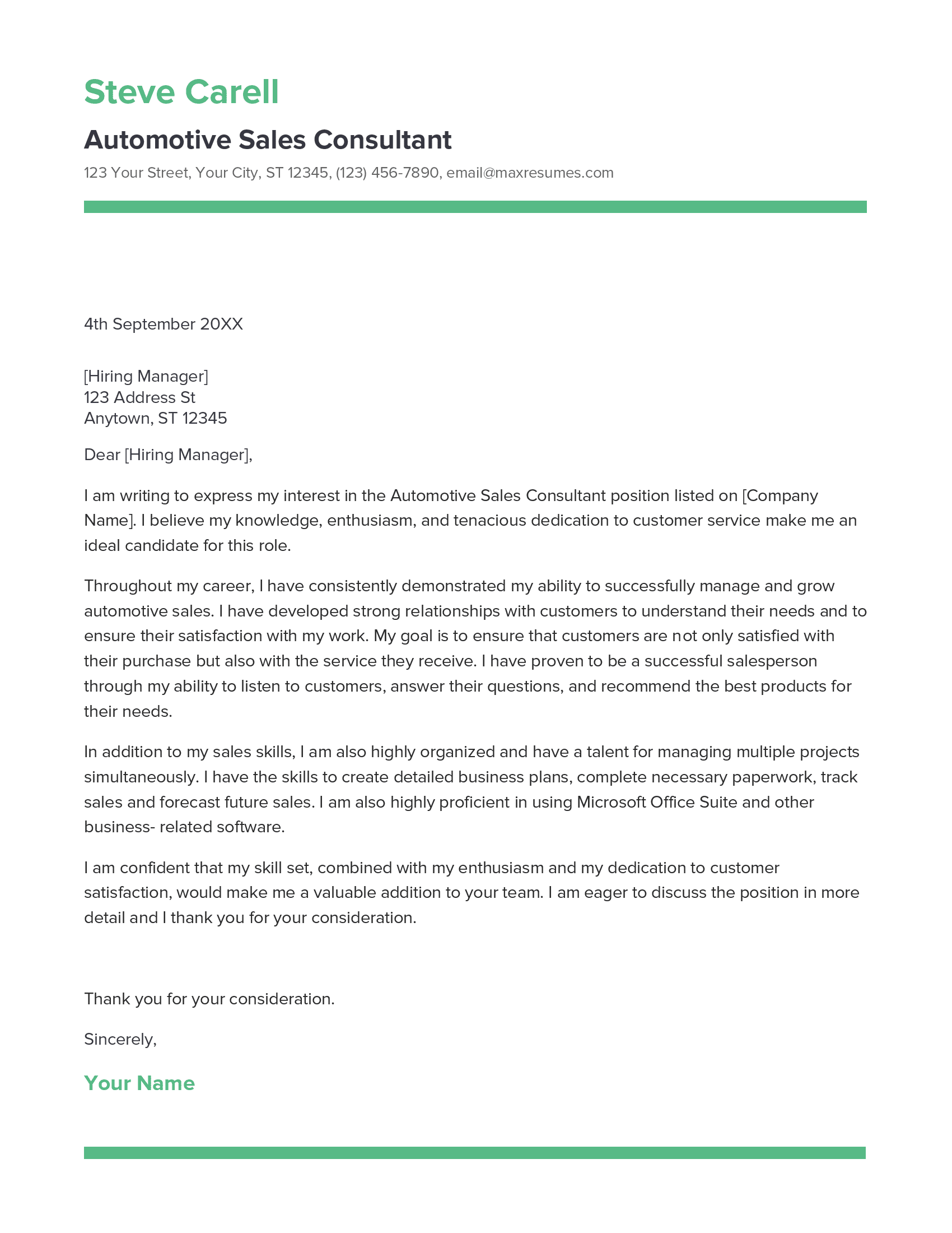 Automotive Sales Consultant Cover Letter Example