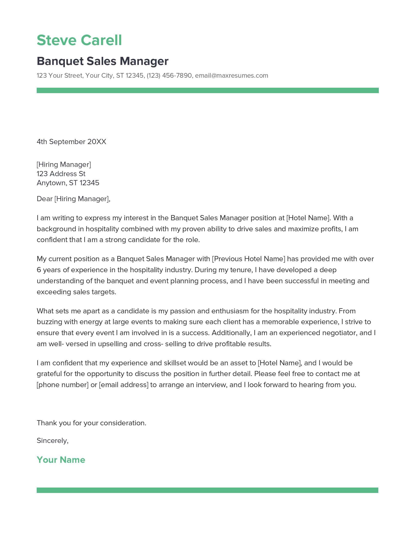 Banquet Sales Manager Cover Letter Example