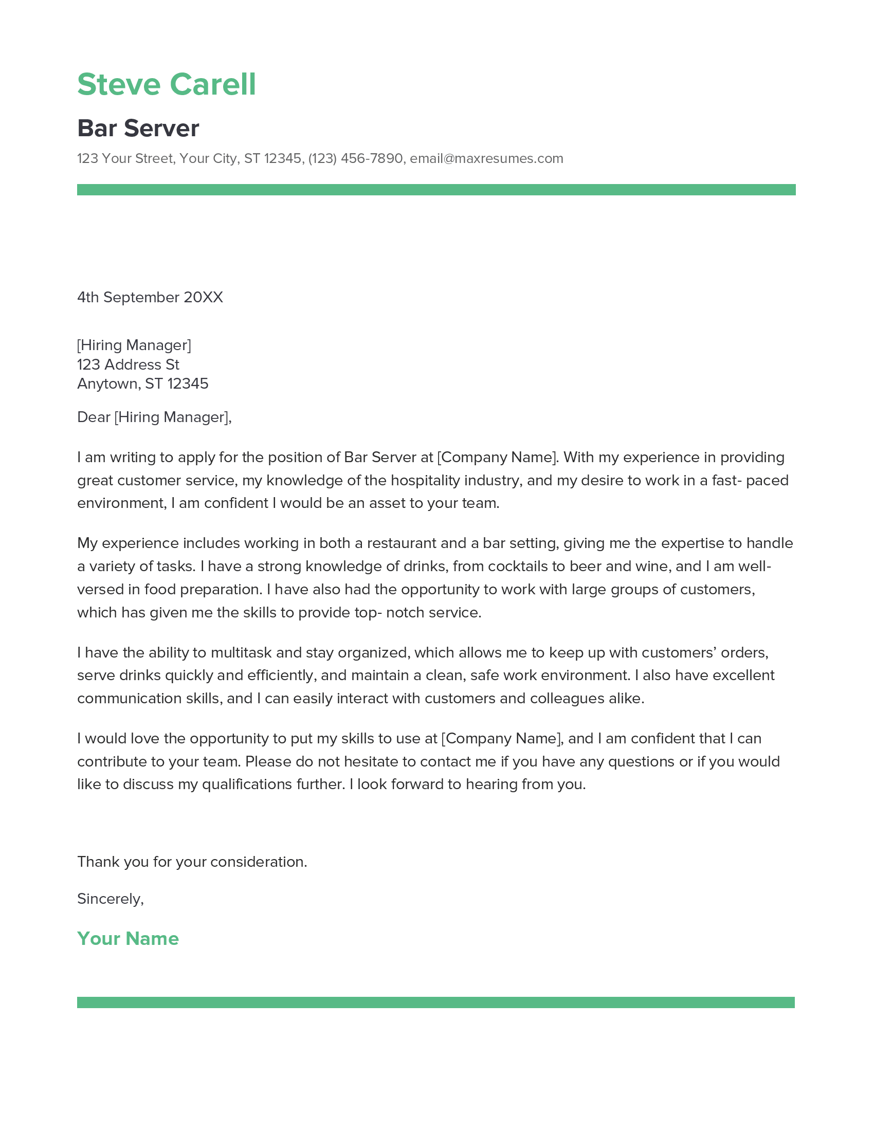 Bar Server Cover Letter Example