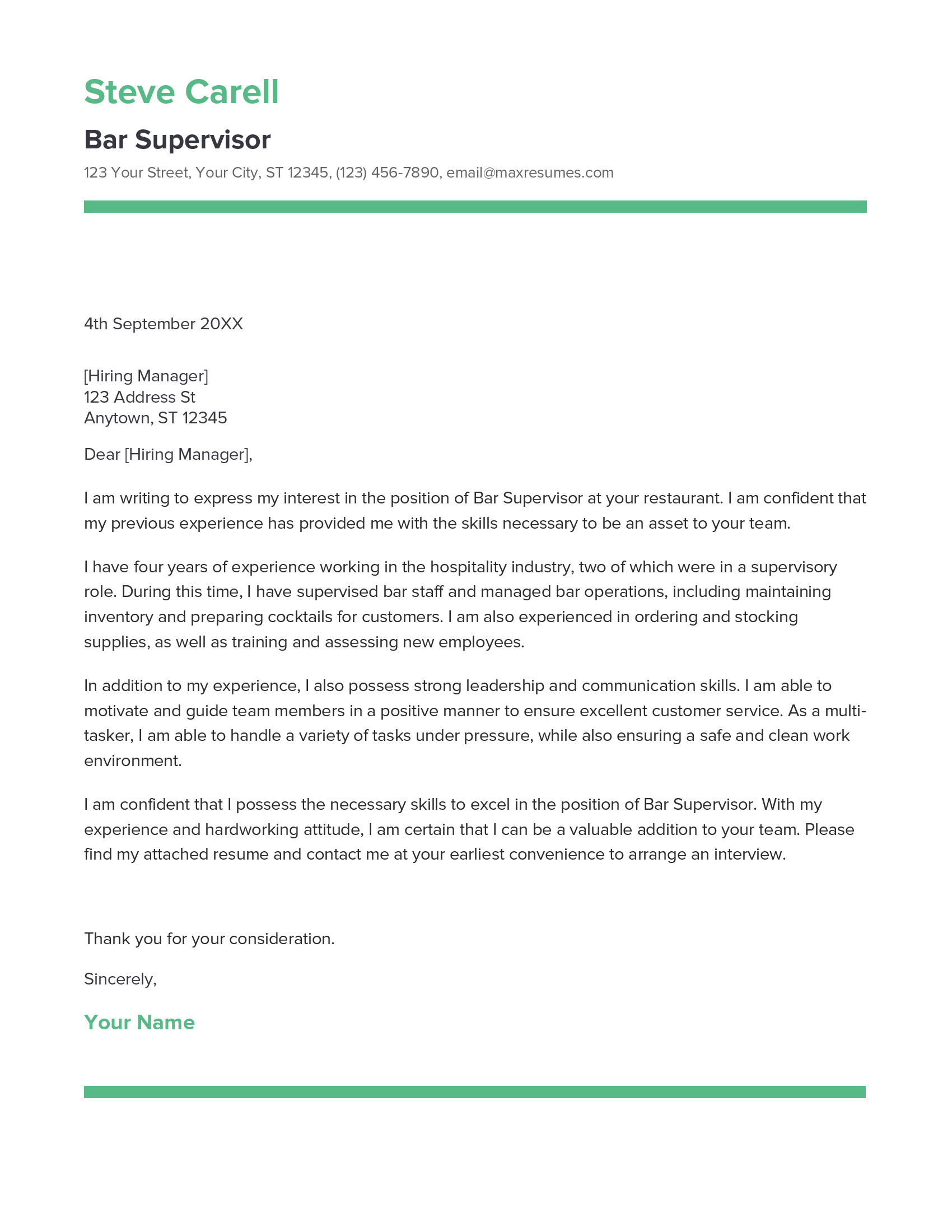 Bar Supervisor Cover Letter Example