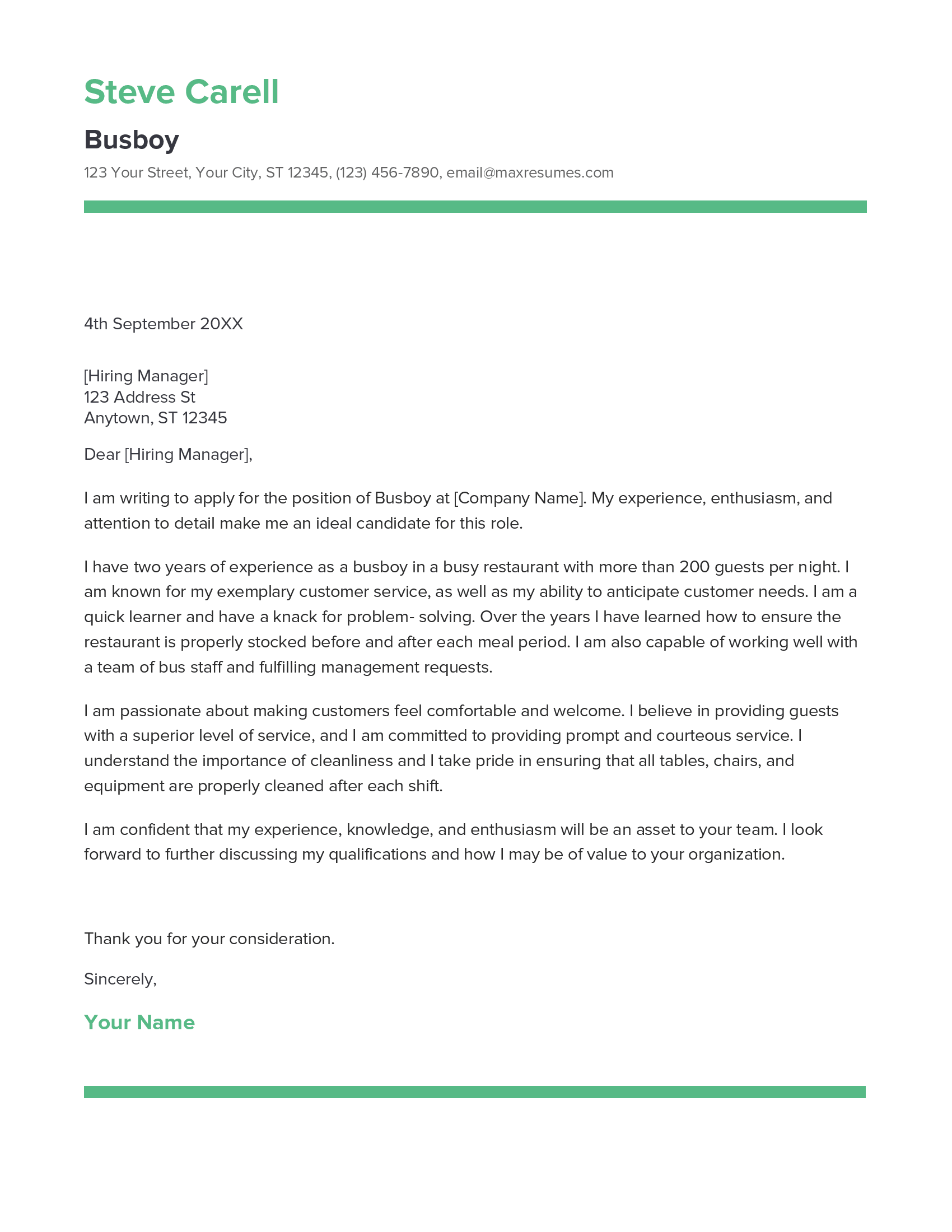Busboy Cover Letter Example