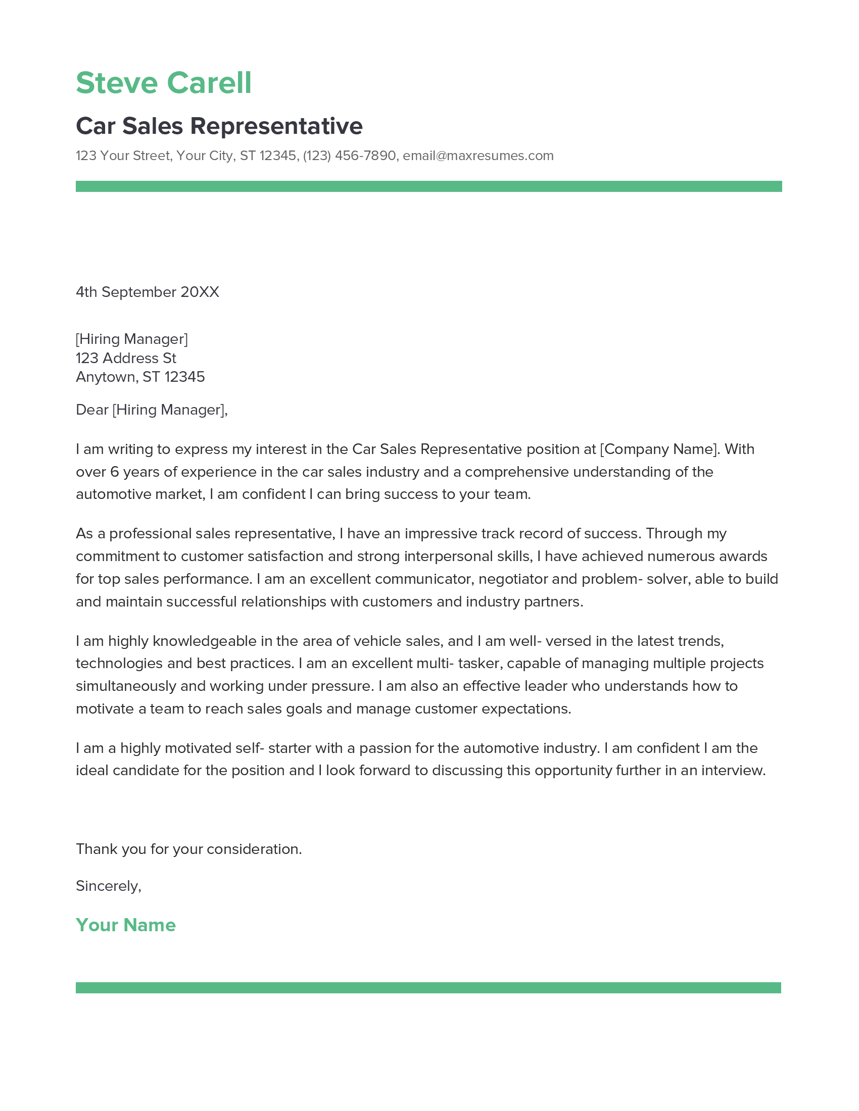 Car Sales Representative Cover Letter Example