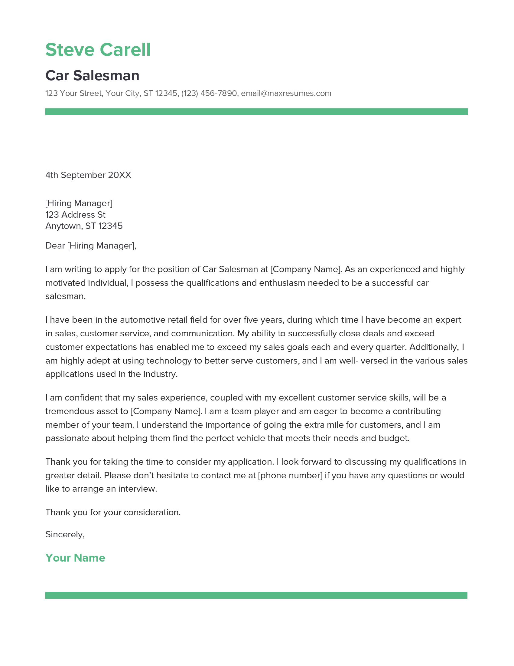 Car Salesman Cover Letter Example