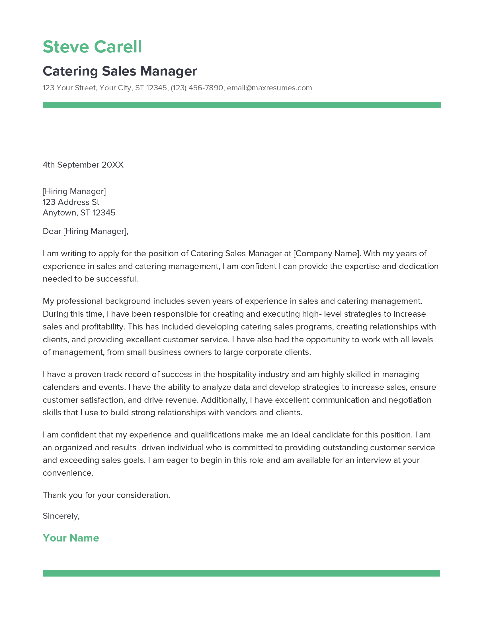 Catering Sales Manager Cover Letter Example