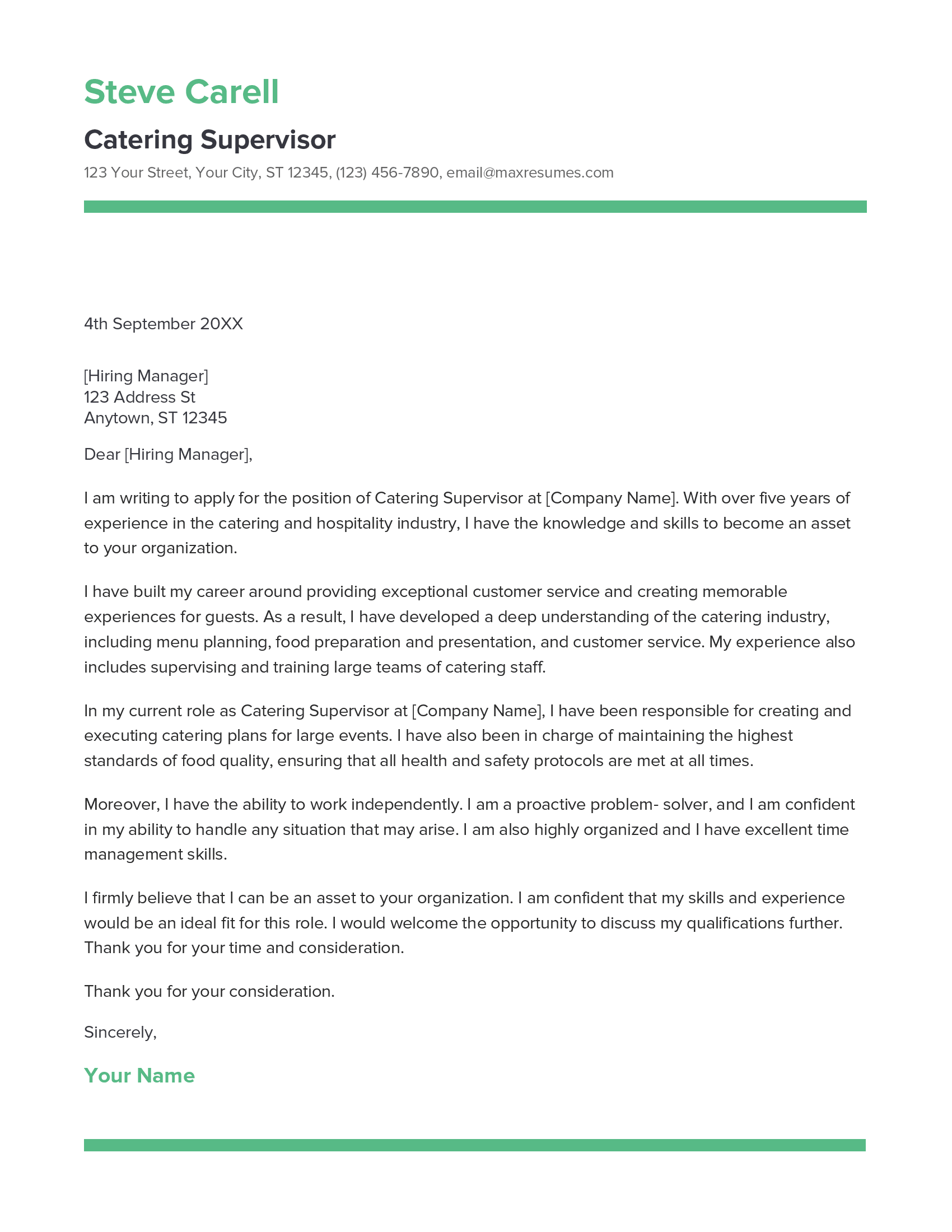Catering Supervisor Cover Letter Example