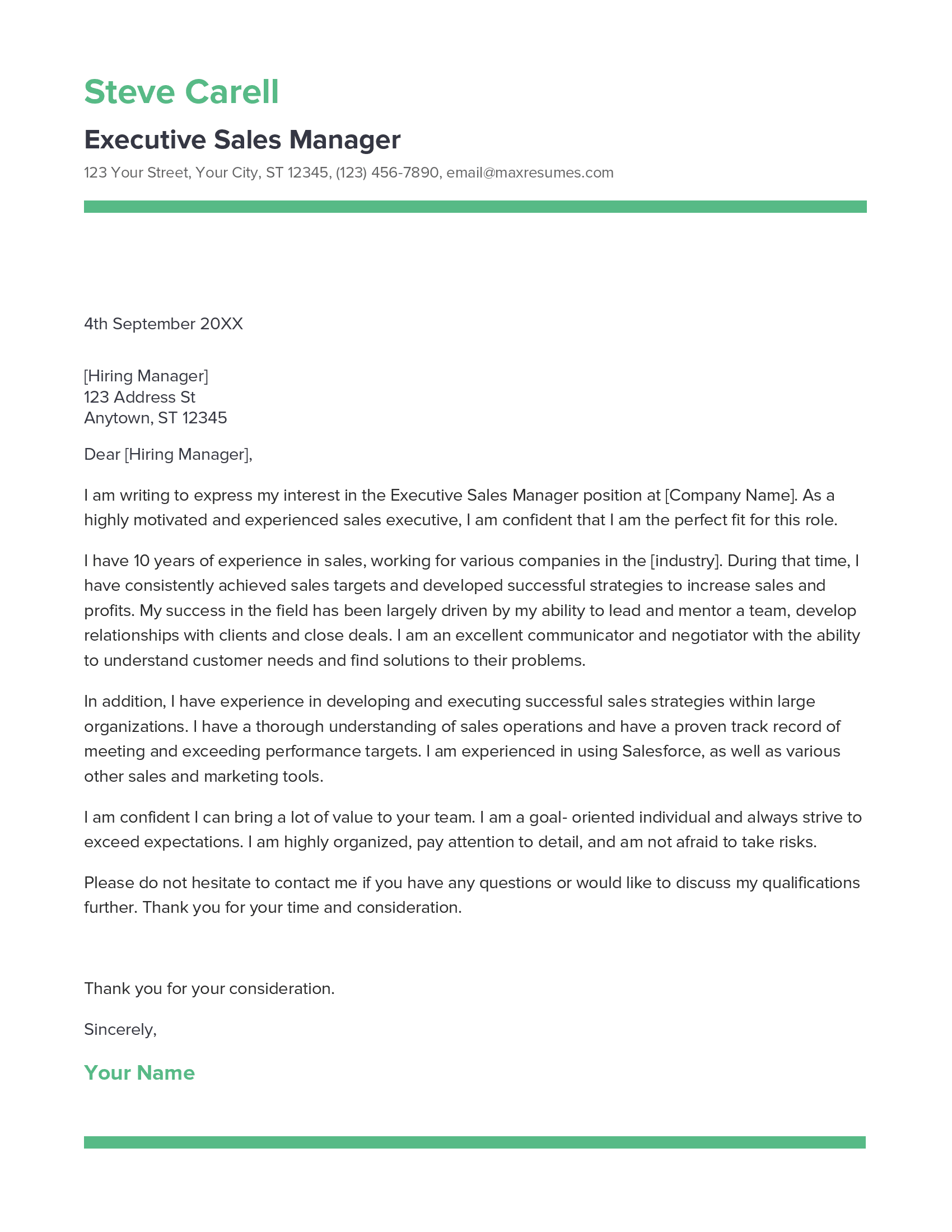 Executive Sales Manager Cover Letter Example