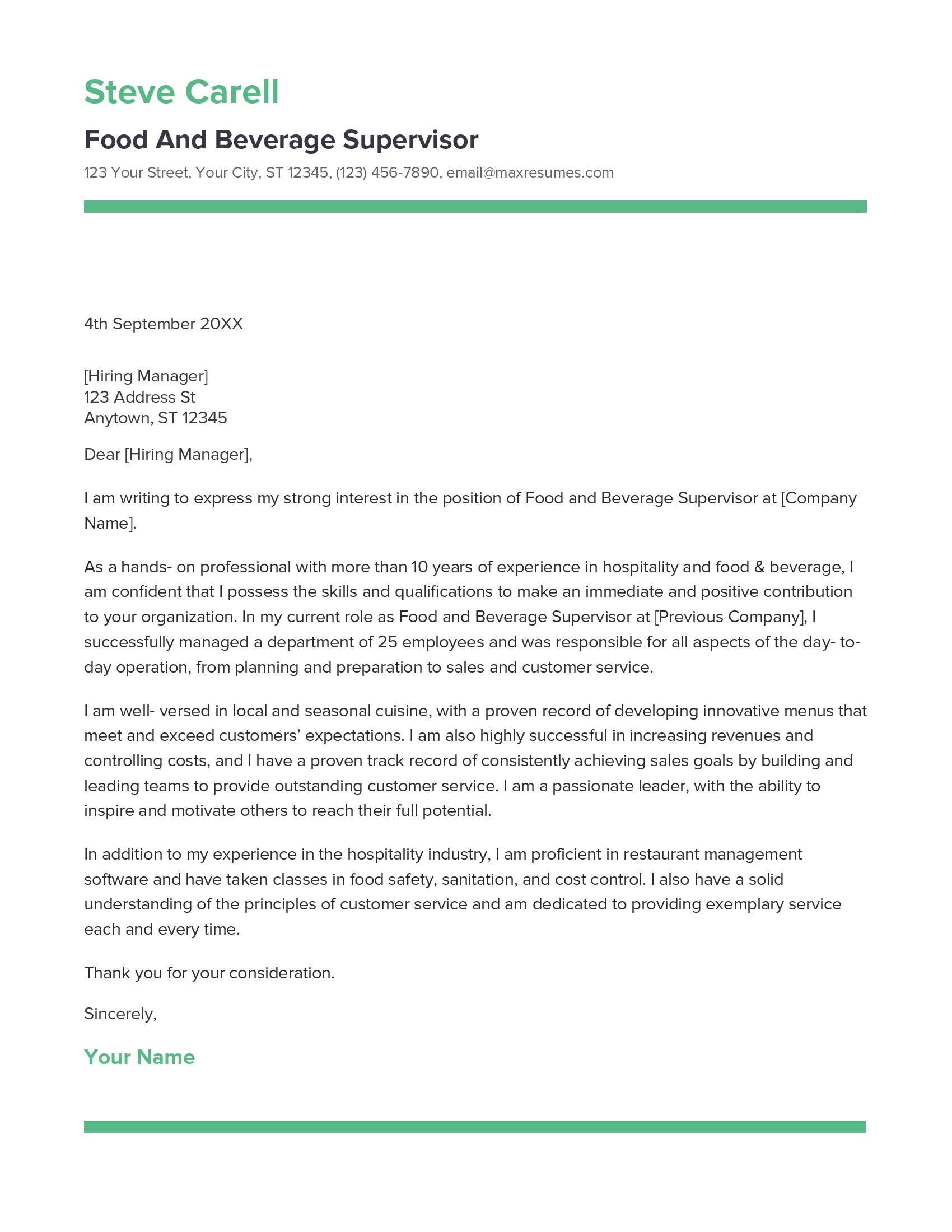 Food And Beverage Supervisor Cover Letter Example