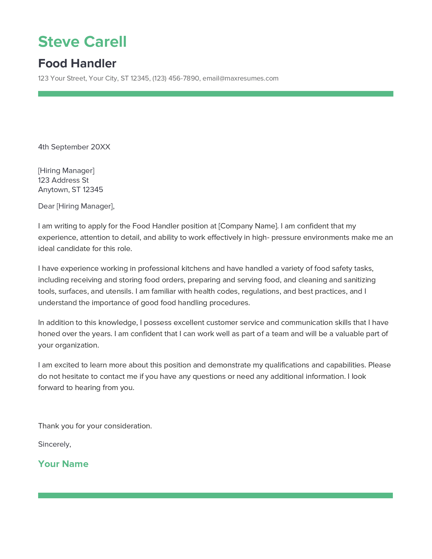 Food Handler Cover Letter Example