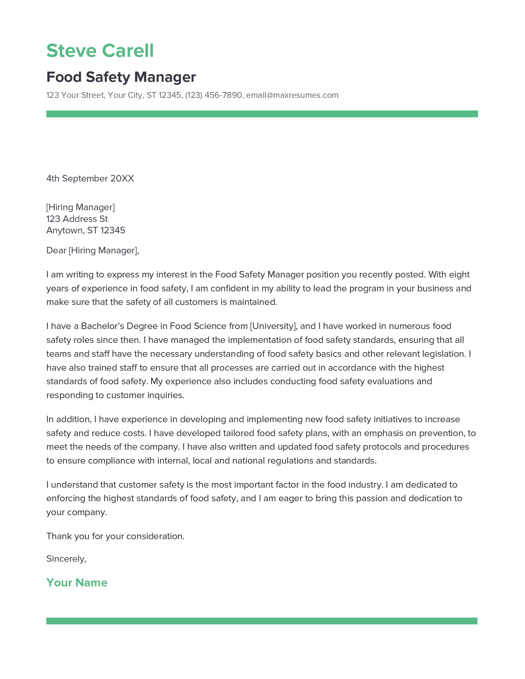 Food Safety Manager Cover Letter Example