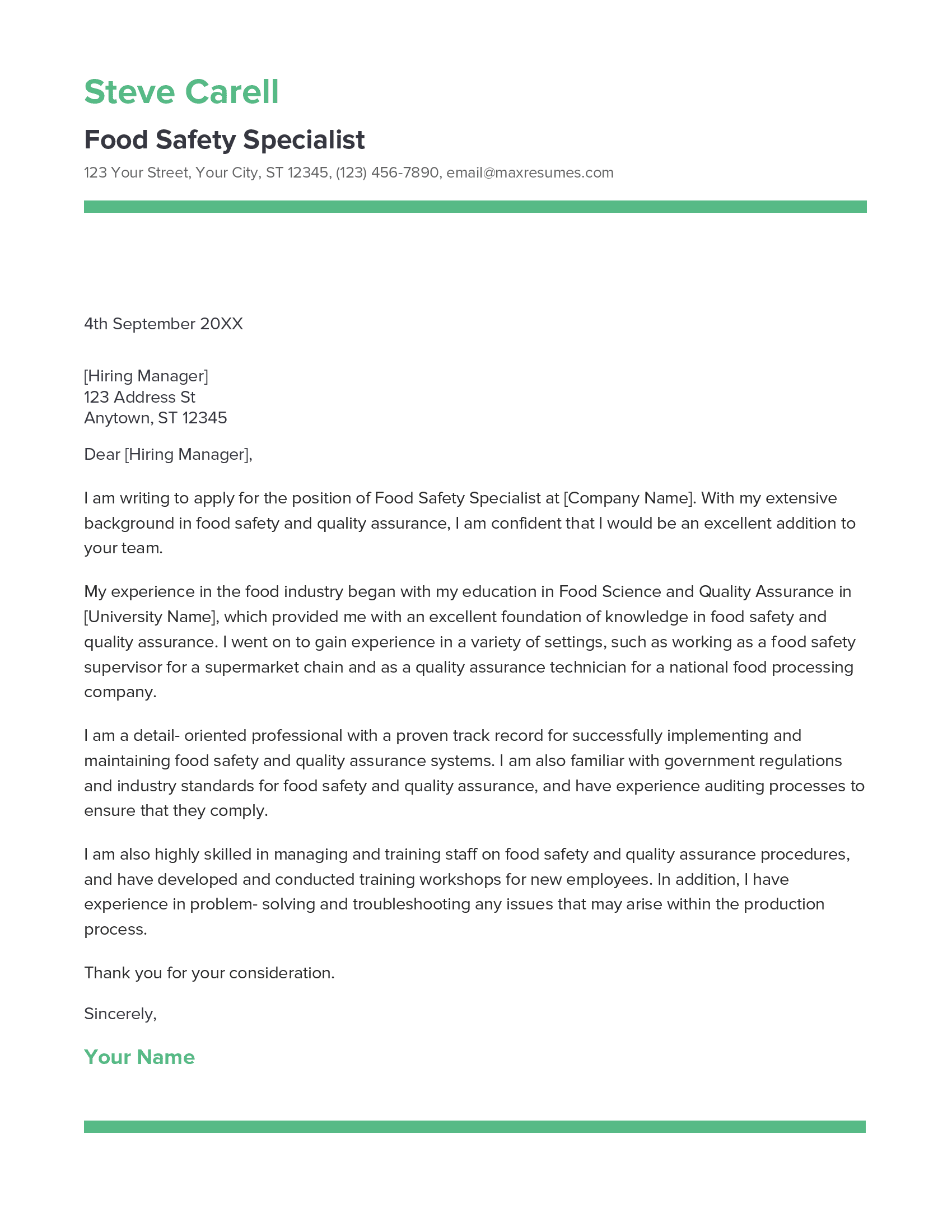 Food Safety Specialist Cover Letter Example