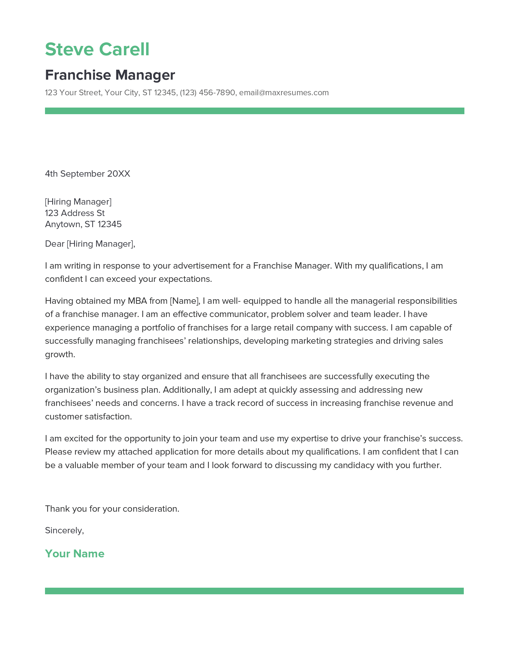 Franchise Manager Cover Letter Example