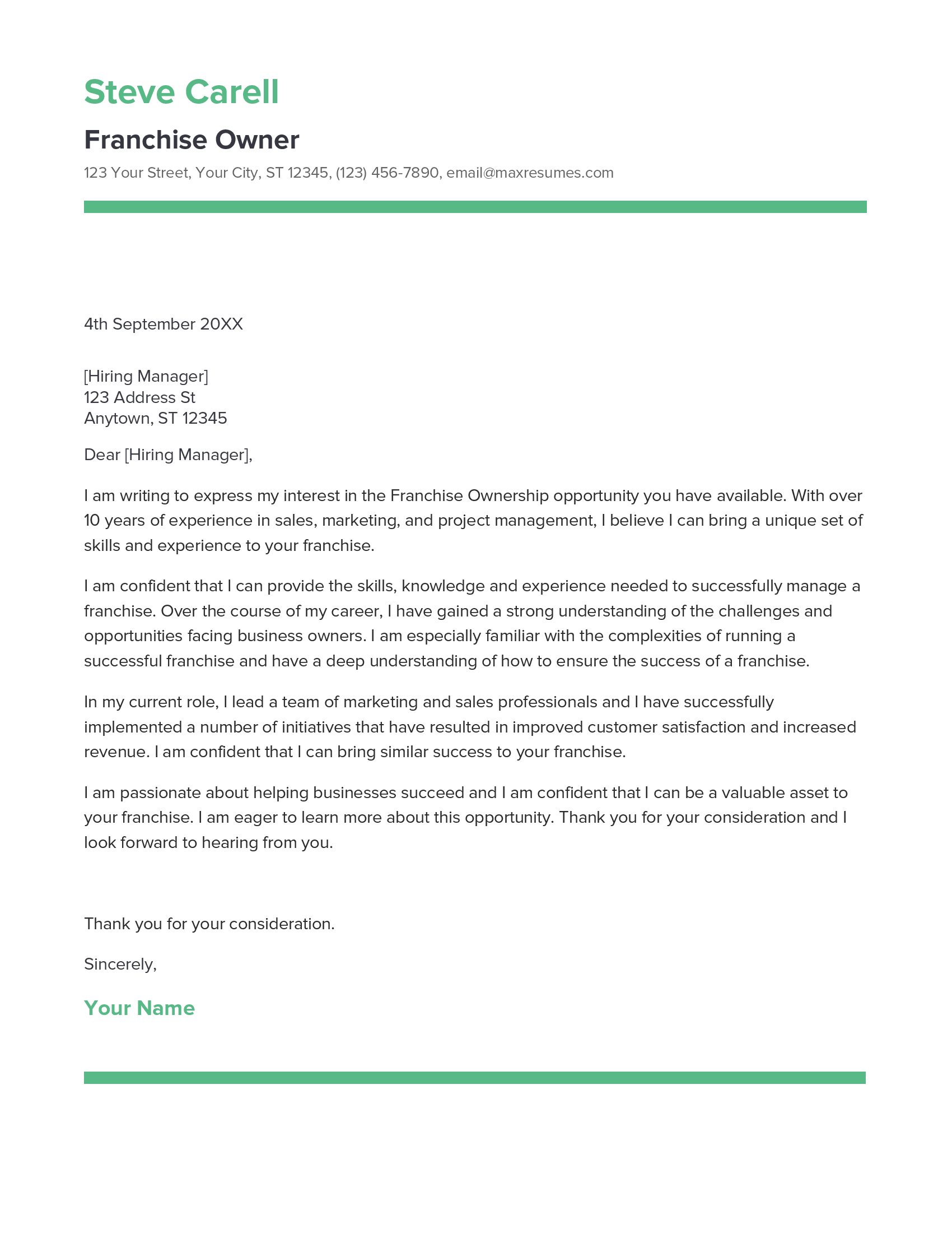 Franchise Owner Cover Letter Example
