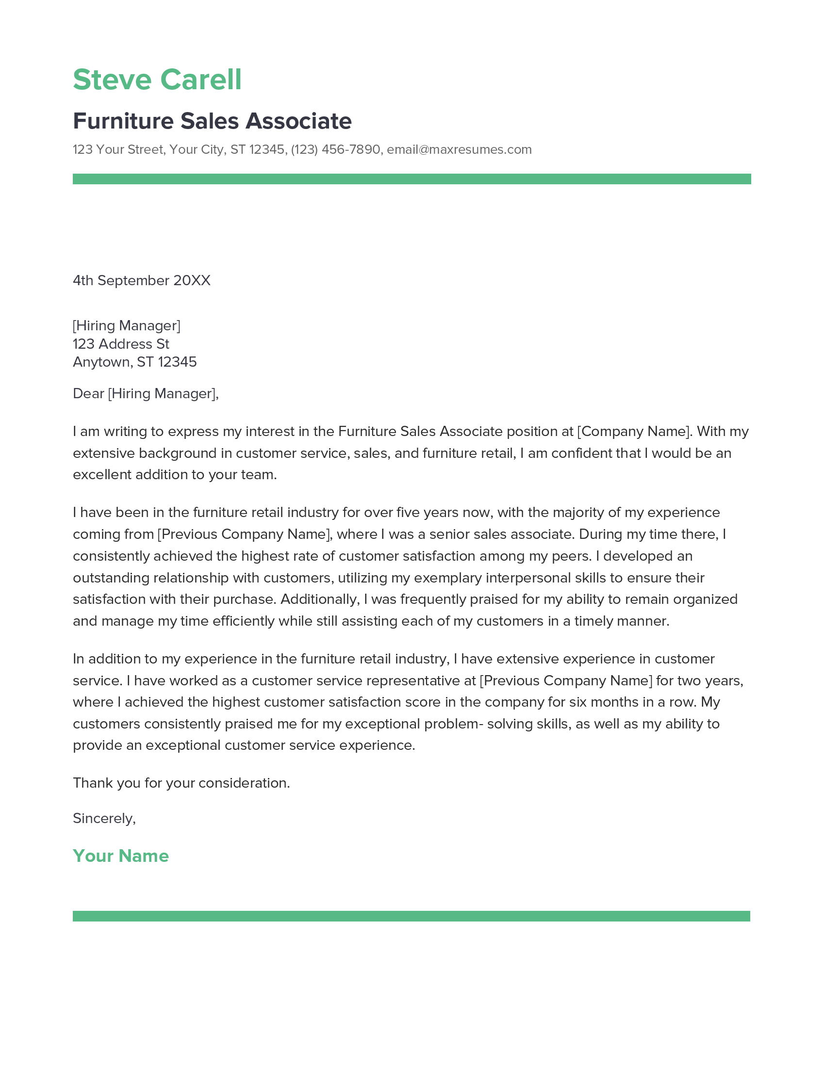 Furniture Sales Associate Cover Letter Example